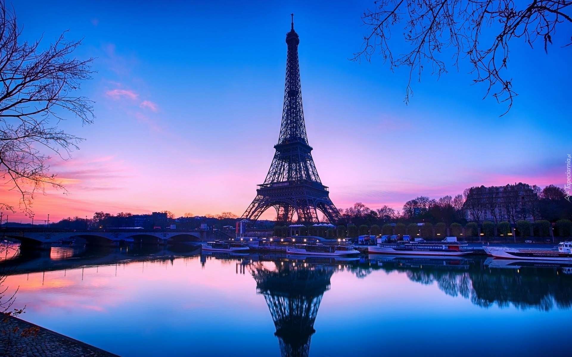 Wieża, Eiffla, Rzeka, Most, Statki, Wschód, Słońca, Paryż