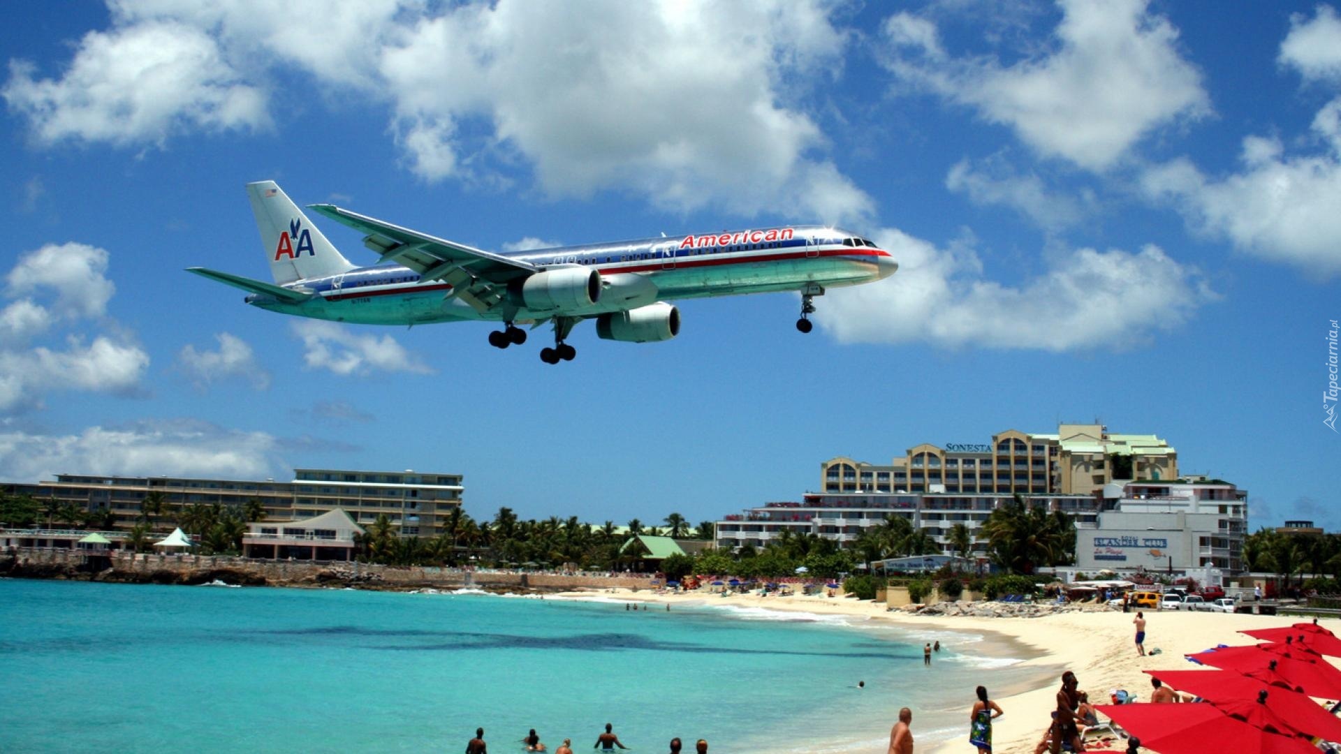 St Maarten, Lądujący, Samolot, Ludzie, Plaża, Morze, Hotel