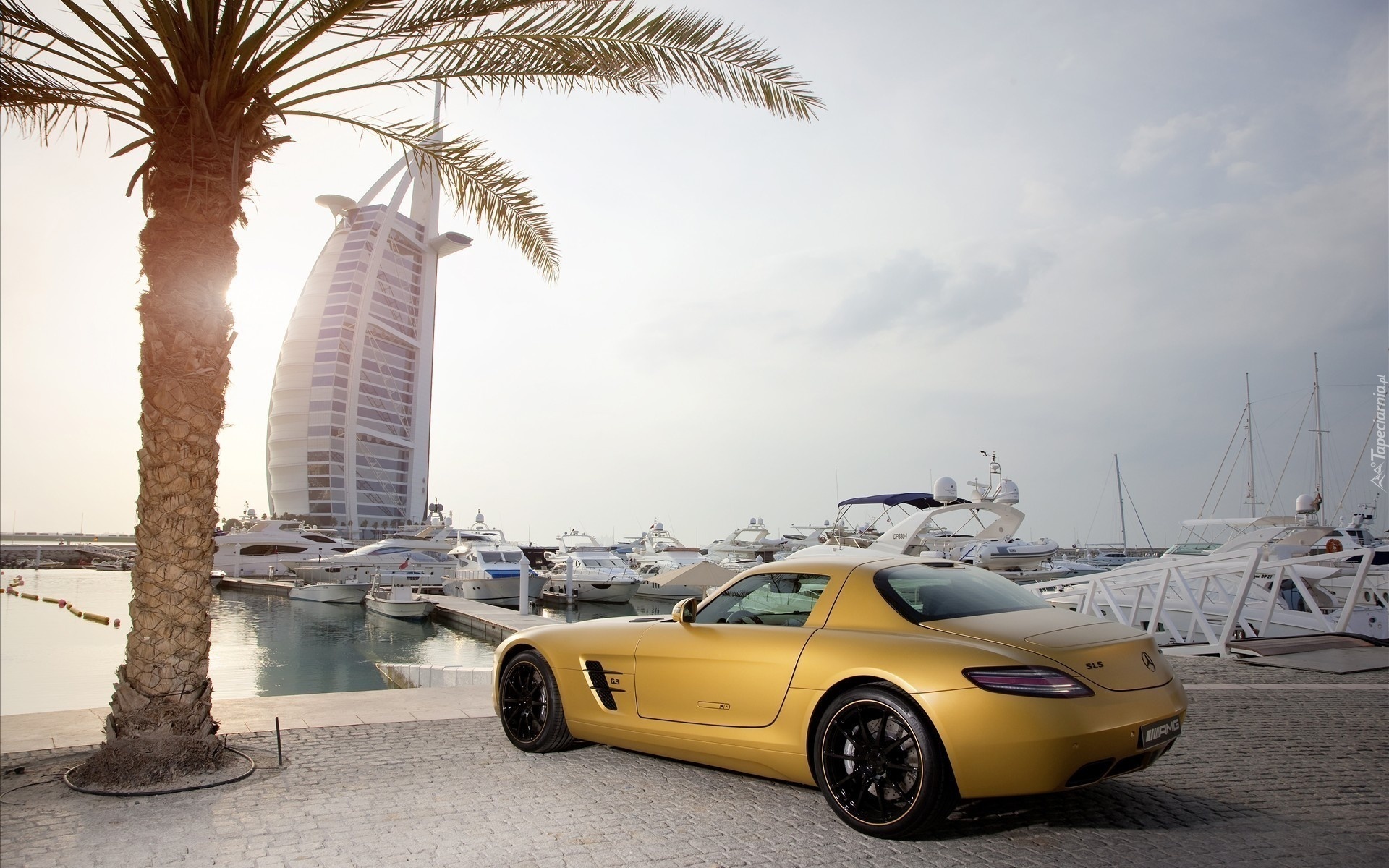 Dubaj, Hotel, Burj Al Arab, Żółty, Mercedes, SLS, Palma