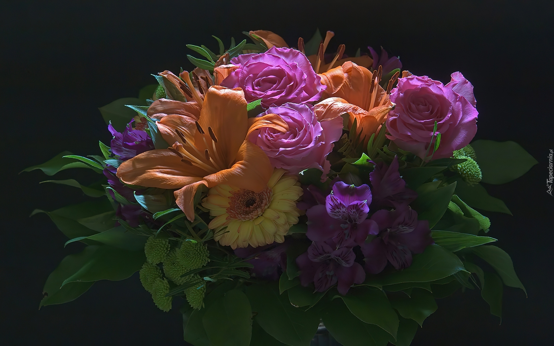 Bukiet, Kwiaty, Róże, Lilie, Gerbera