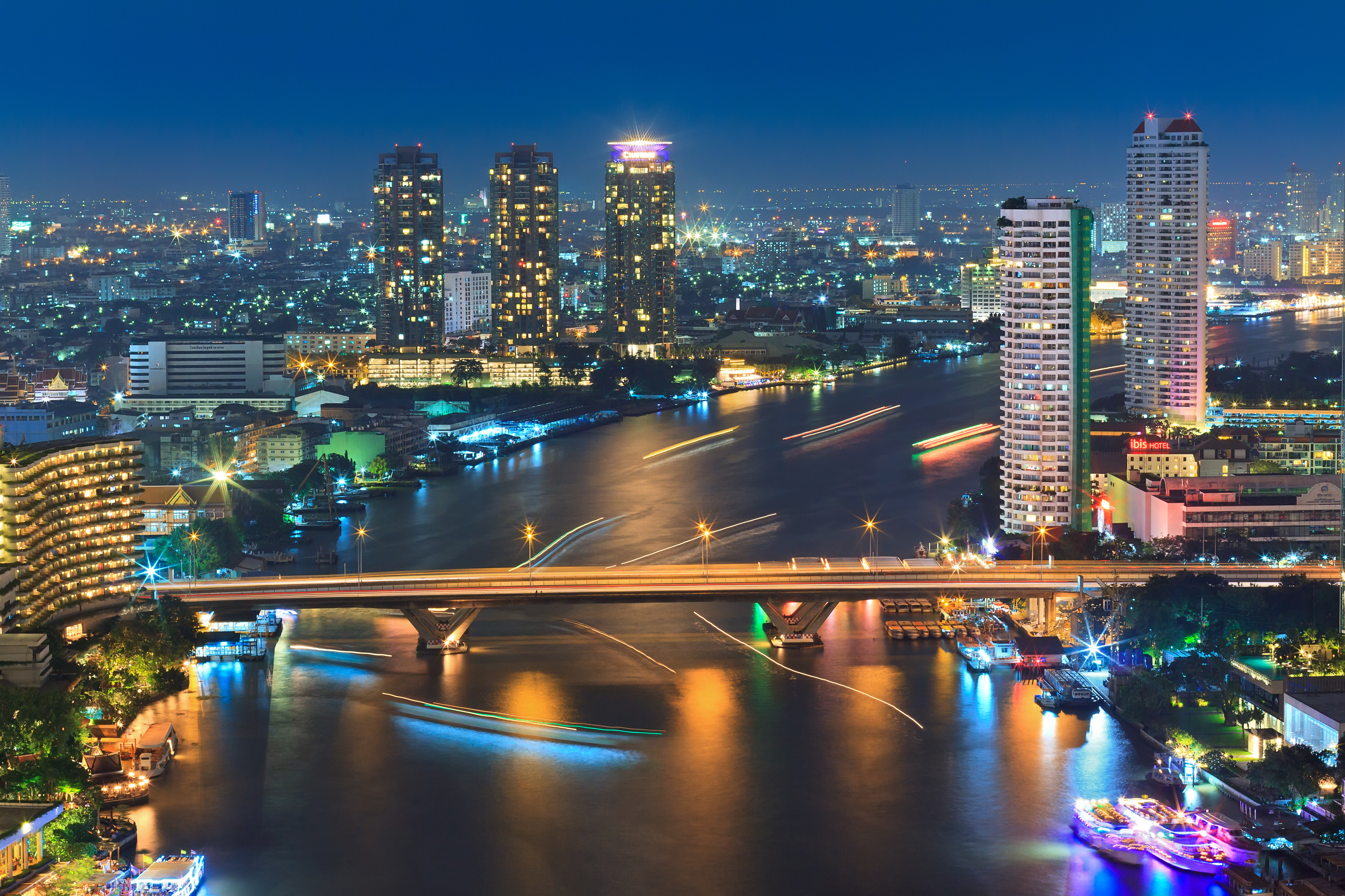 Rzeka, Most, Statki, Wieżowce, Panorama, Miasta, Bangkok, Tajlandia