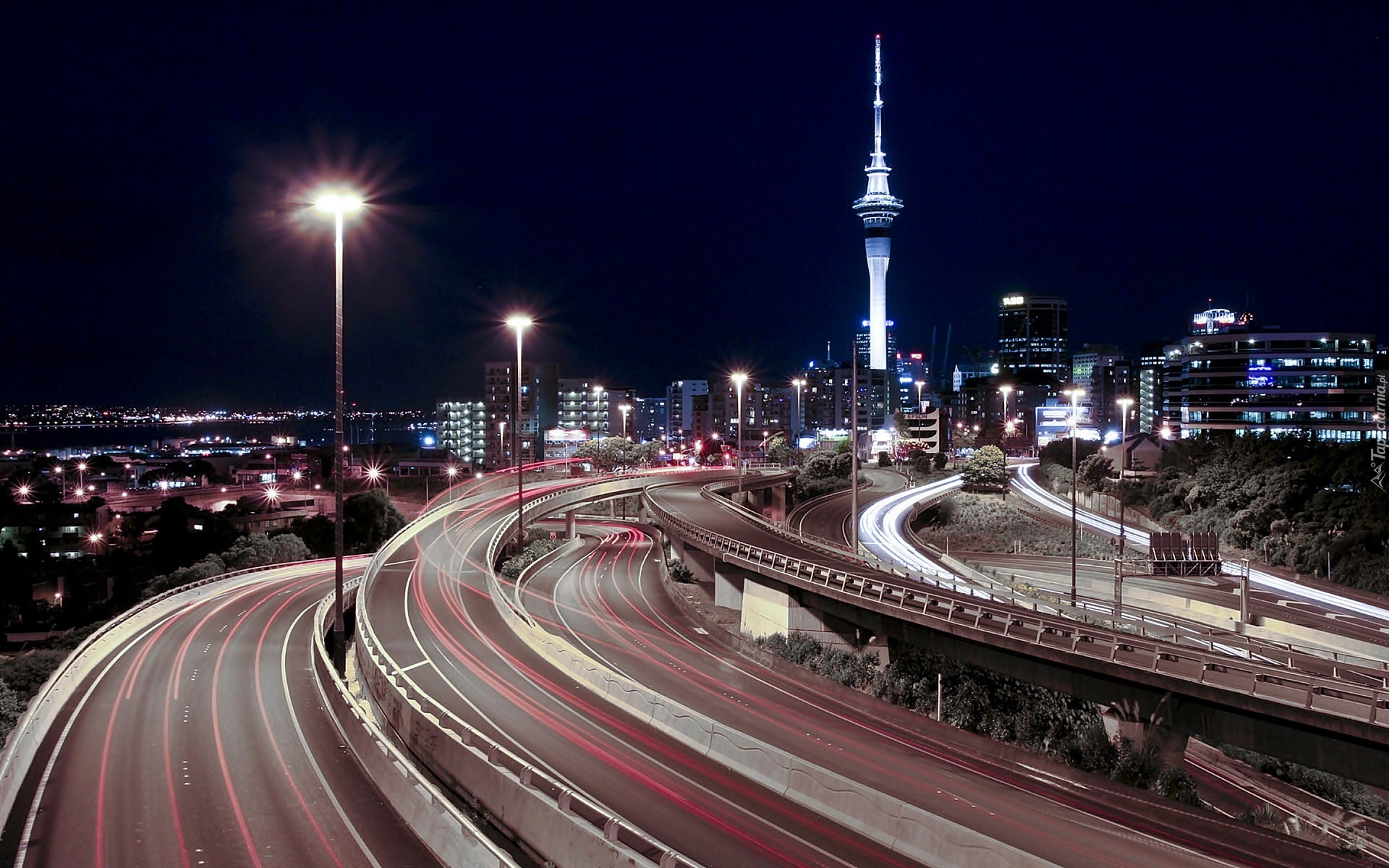Auckland, Nocna, Panorama, Miasta, Arterie, Komunikacyjne
