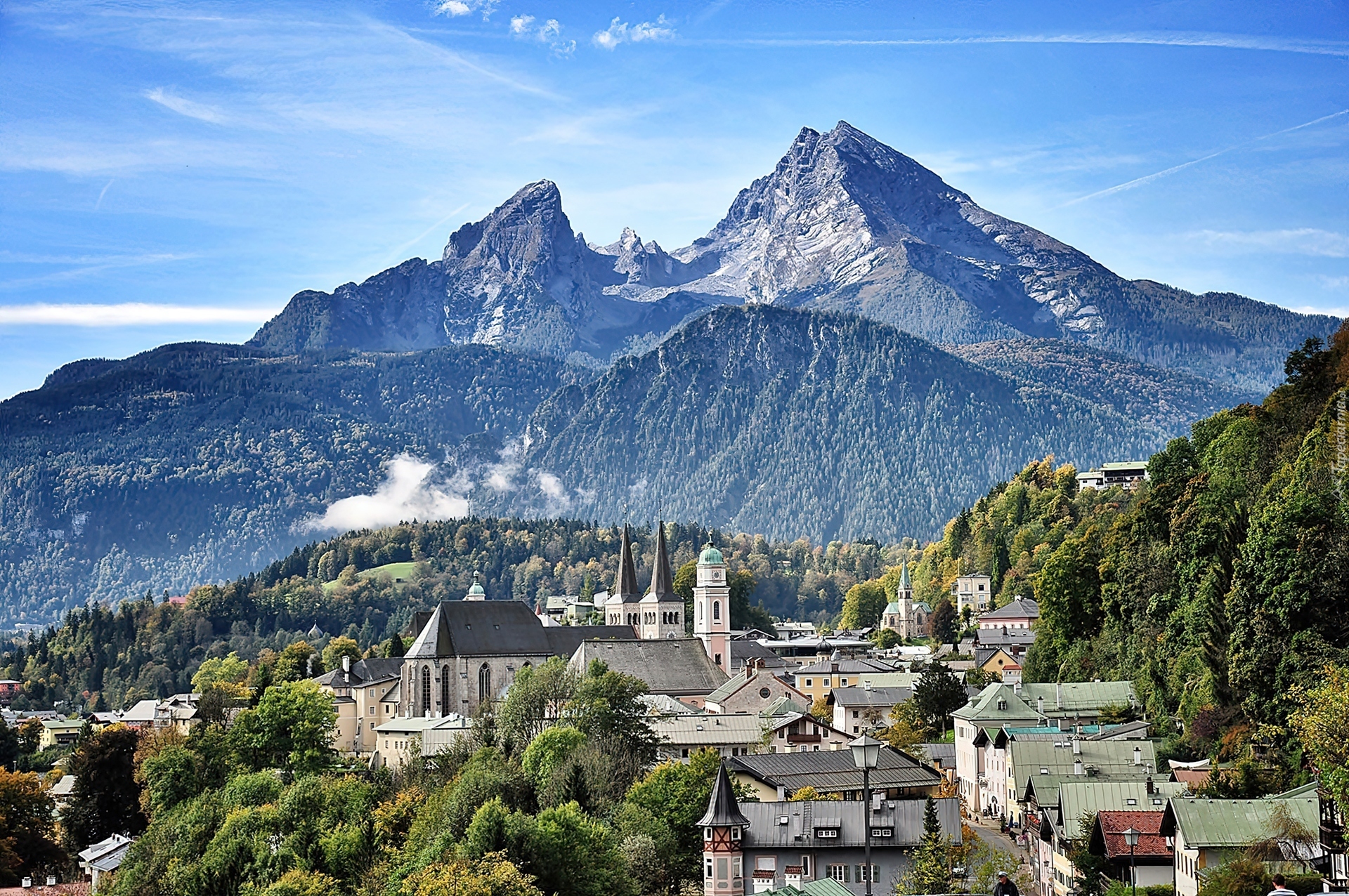 Berchtesgaden, Panorama, Miasteczka, Góry, Lasy, Mgła