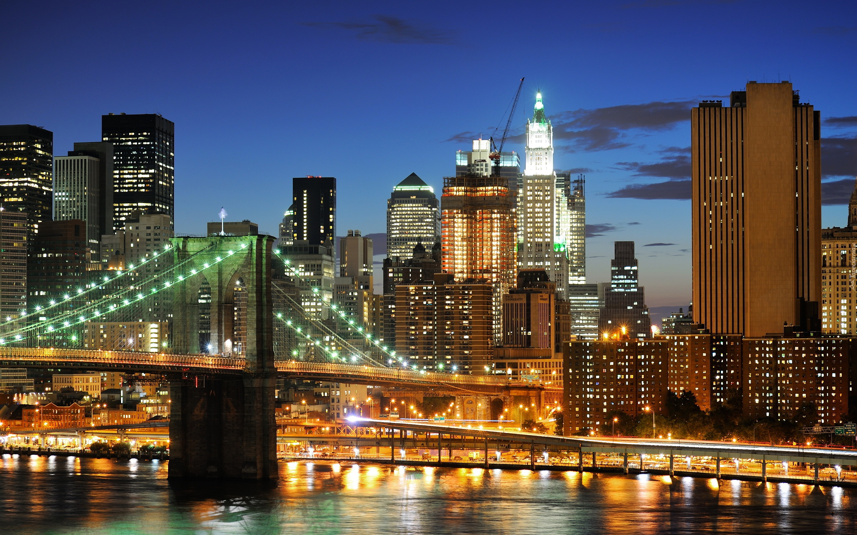 Nowy, York, Manhattan, Panorama, Miasta, Nocą, Rzeka, Most, Brooklyn