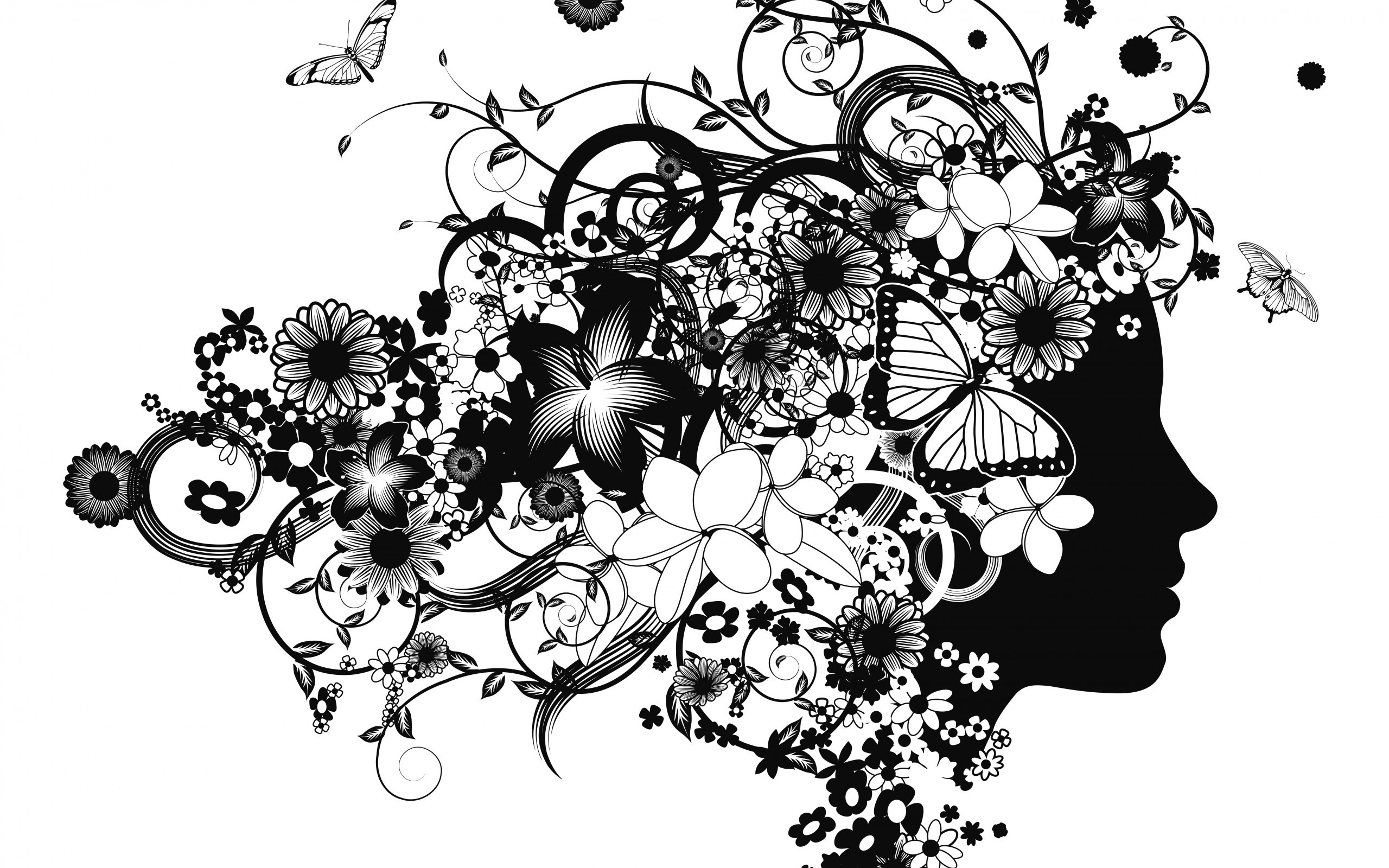 Kobieta, Motyle, Kwiatki, Grafika