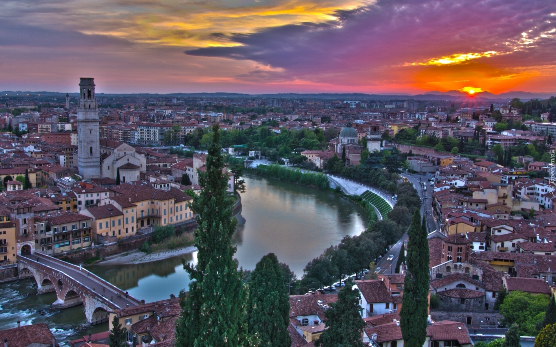 Domy, Rzeka, Zachód, Słońca, Verona, Panorama, Miasta, Włochy