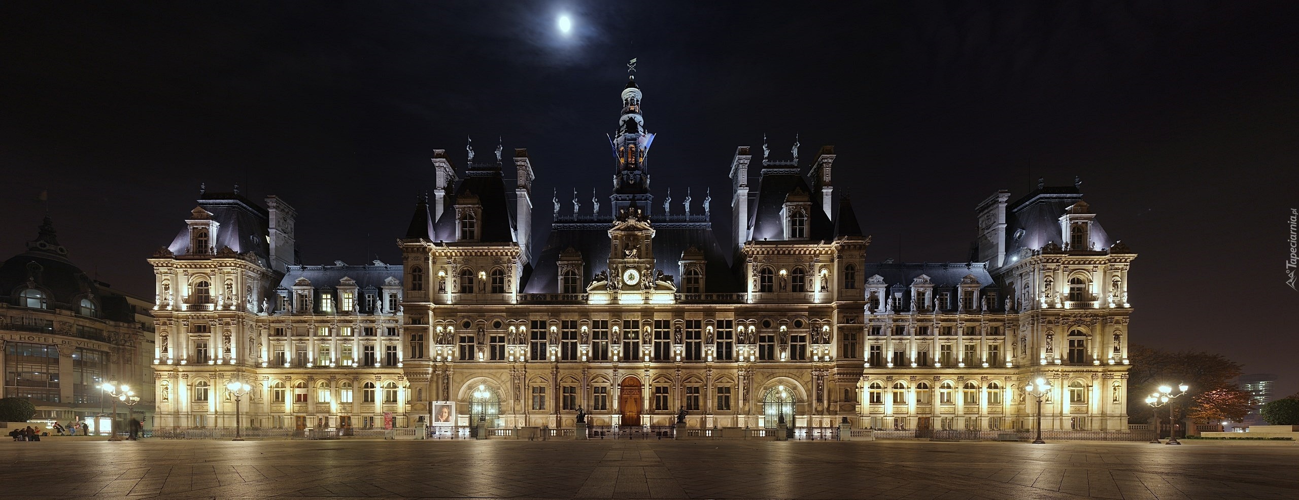 Hotel de Ville, Paryż, Francja, Panorama, Noc, Światła