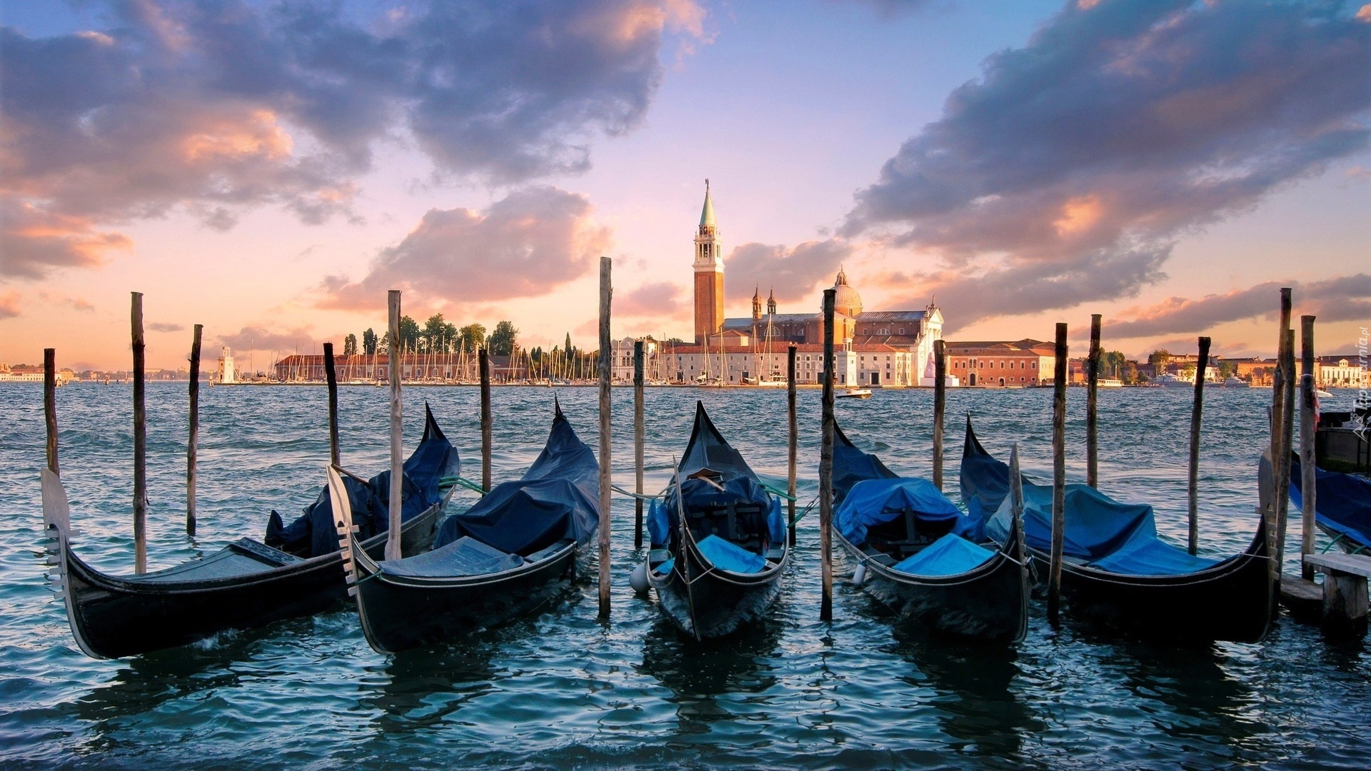 Wenecja, Panorama, Niebieskie, Gondole
