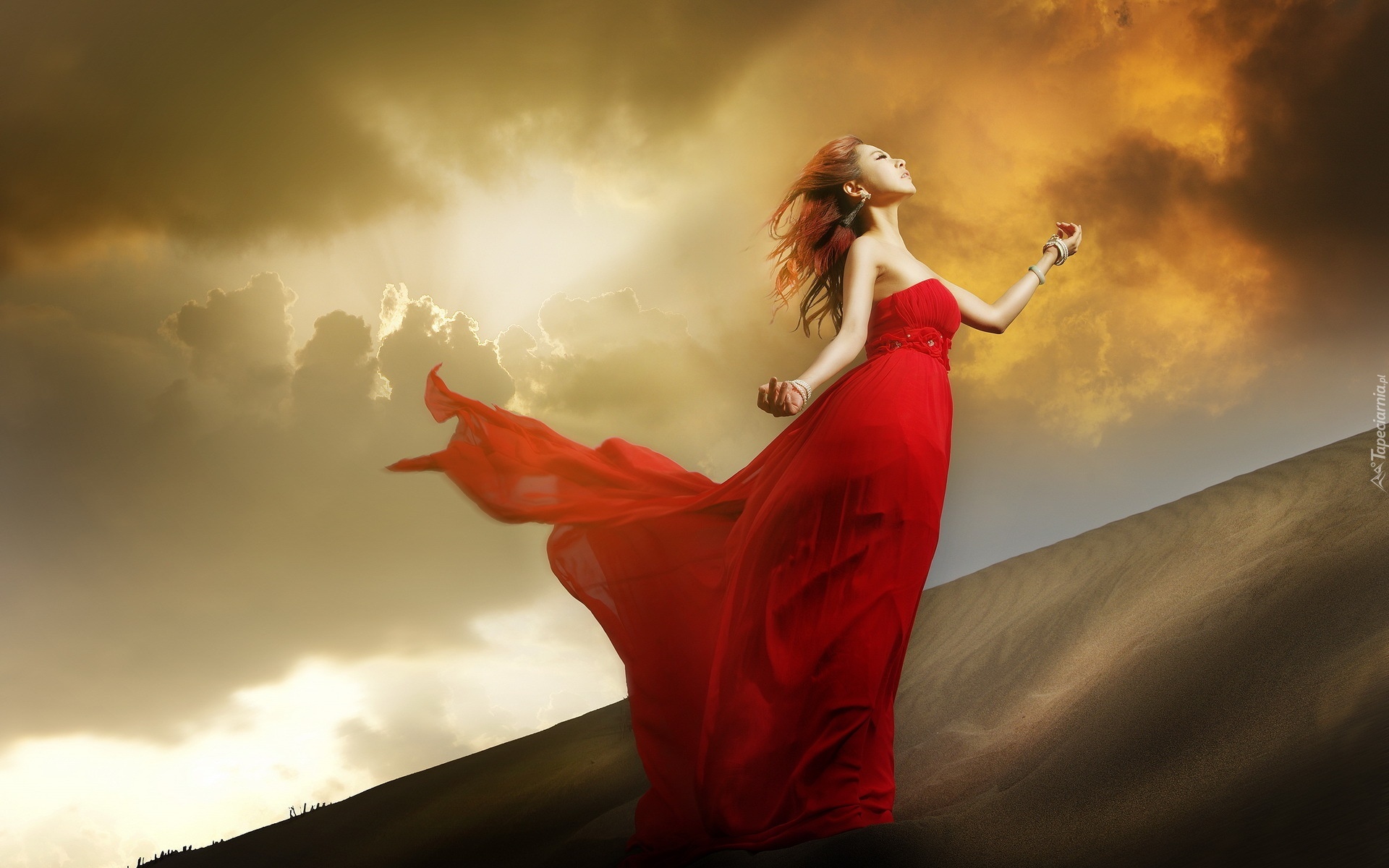 Kobieta, Czerwona, Sukienka, Pustynia, Ciemne, Chmury
