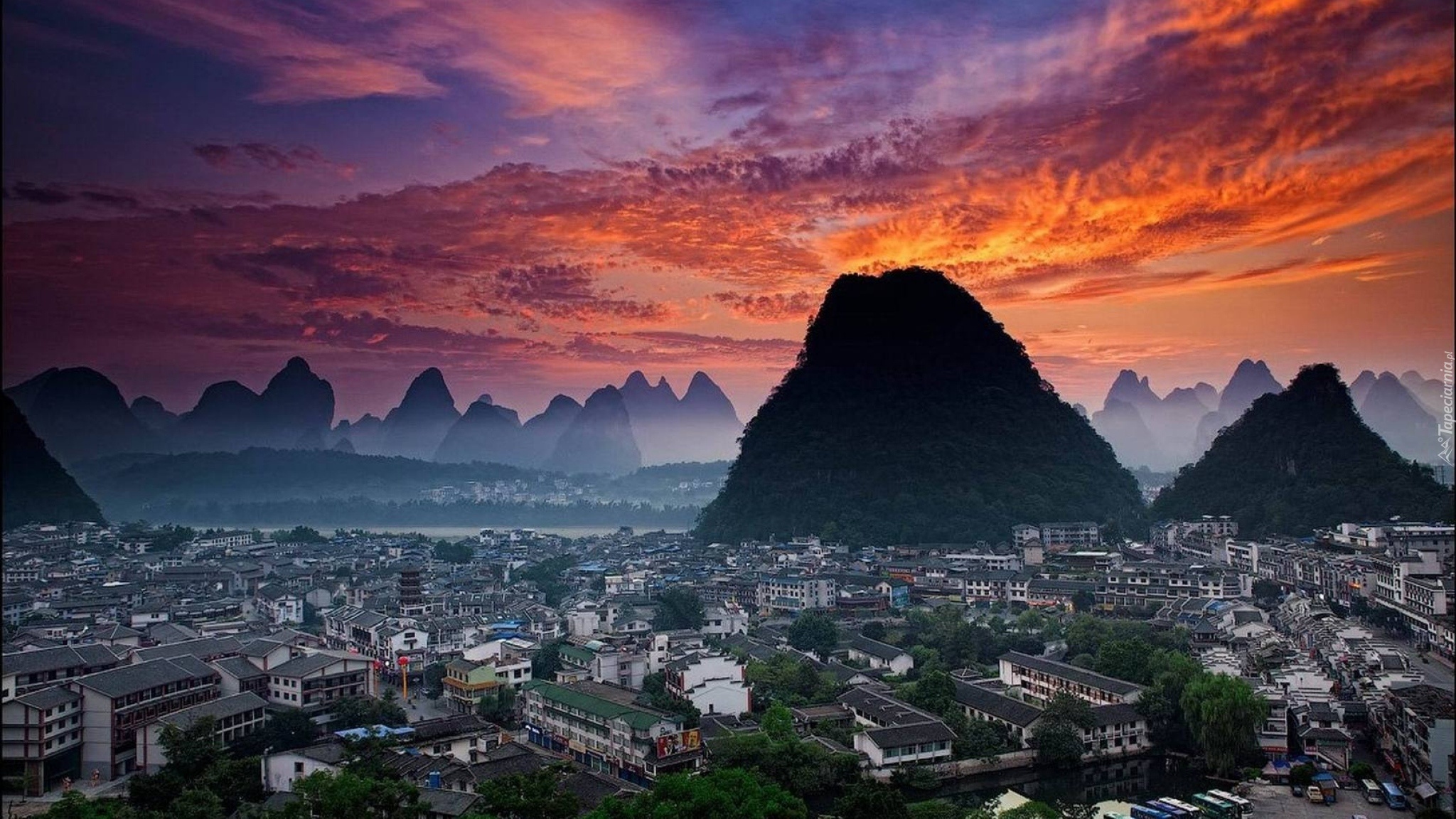 Panorama, Miasta, Góry, Mgła, Zachód, Słońca, Wieczór, Yangshu, Chiny
