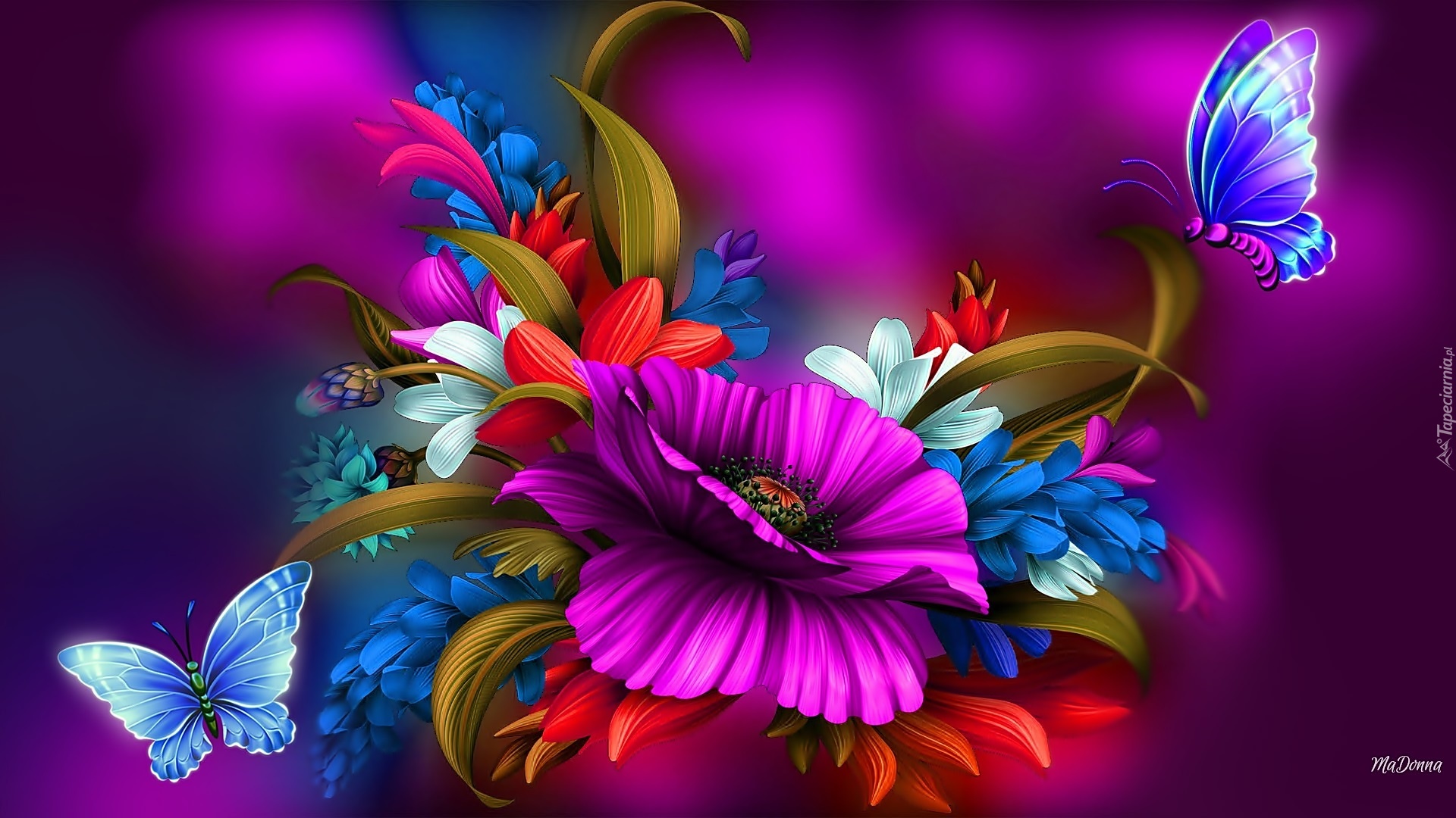 Kolorowe, Kwiaty, Motyle, Art