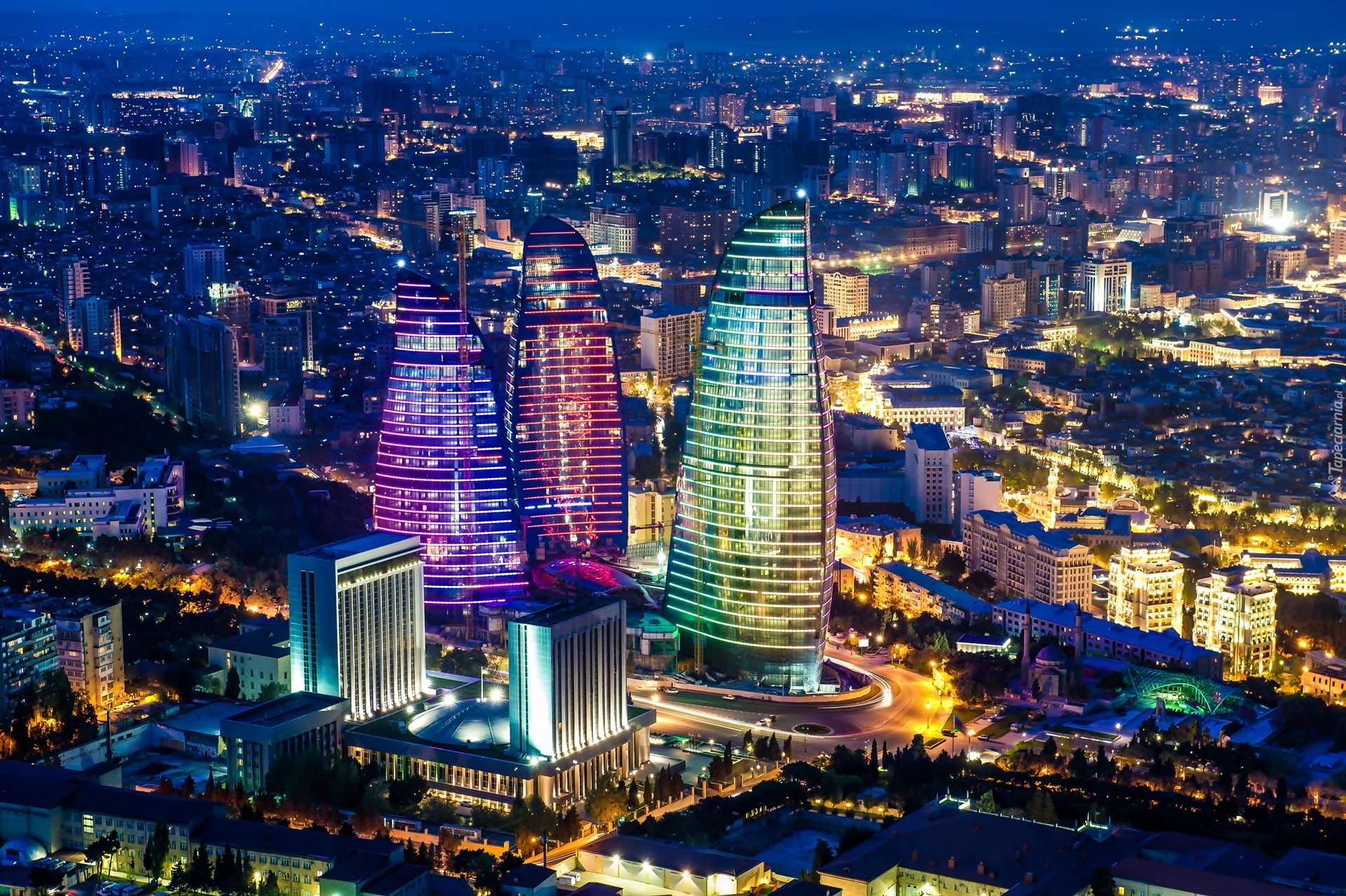 Baku, Panorama, Miasta, Nocą