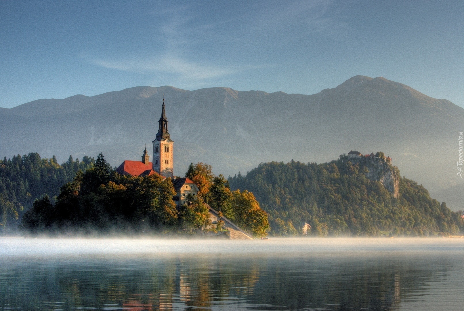 Kościół, Góry, Mgła, Jezioro, Bled, Słowenia