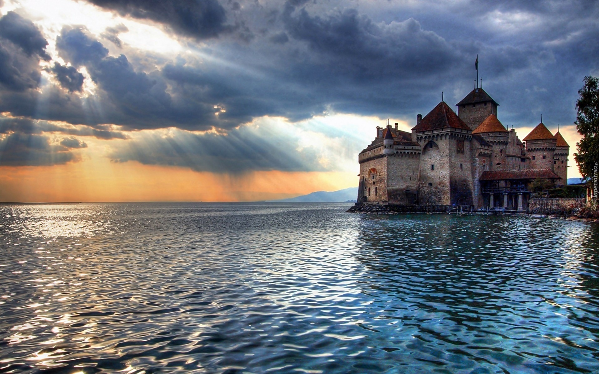 Zamek, Chillon, Jezioro, Genewskie, Chmury, Przebijające, Światło