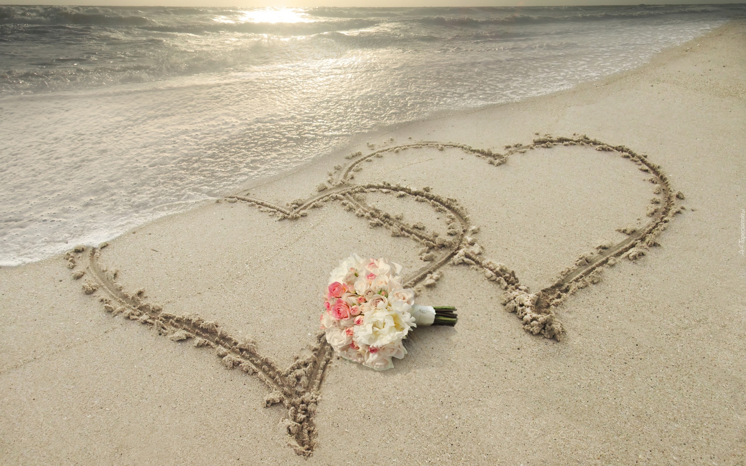 Morze, Plaża, Serca, Kwiaty, Miłosne