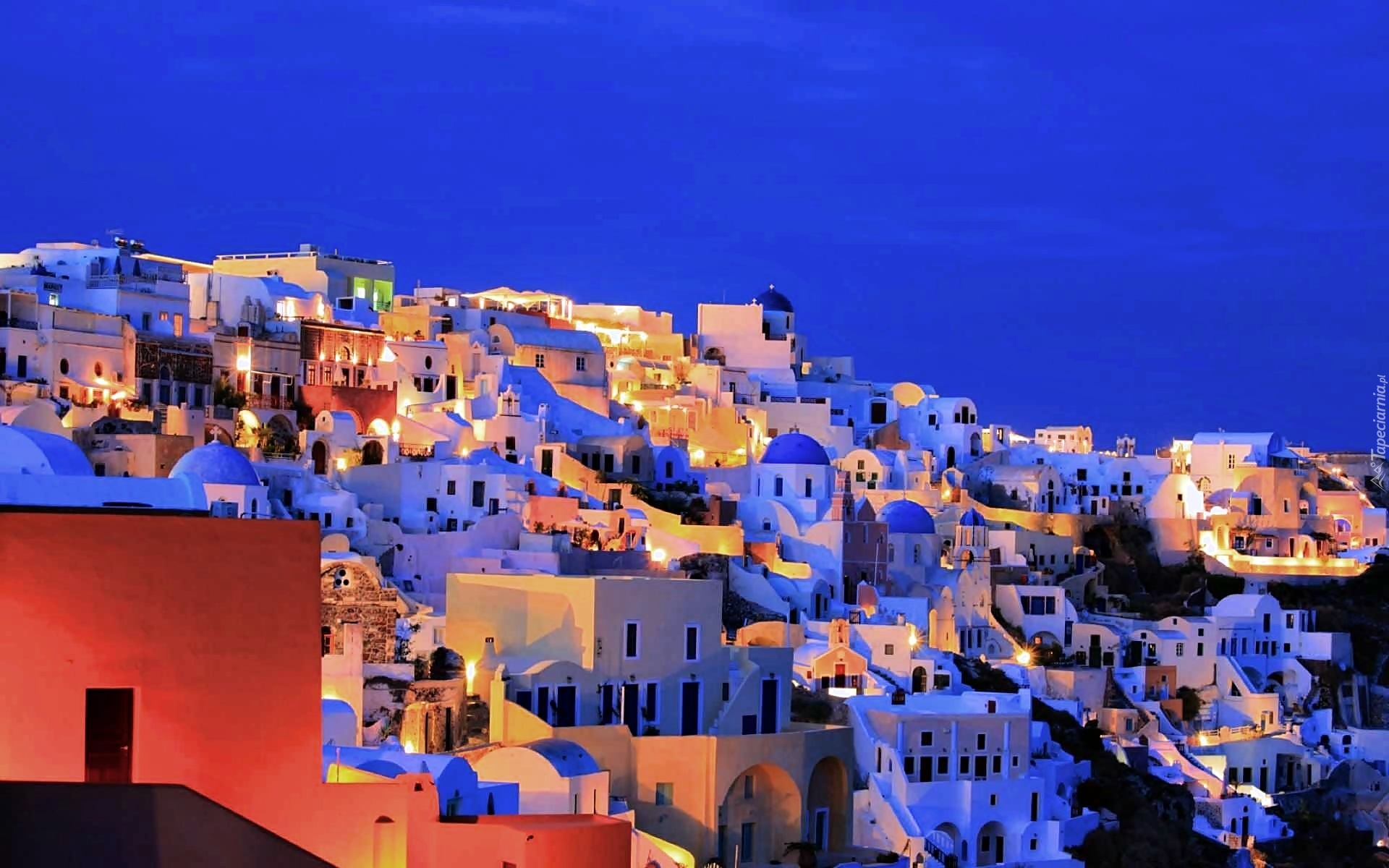 Domy, Nocna, Panorama Miasta, Santorini, Grecja