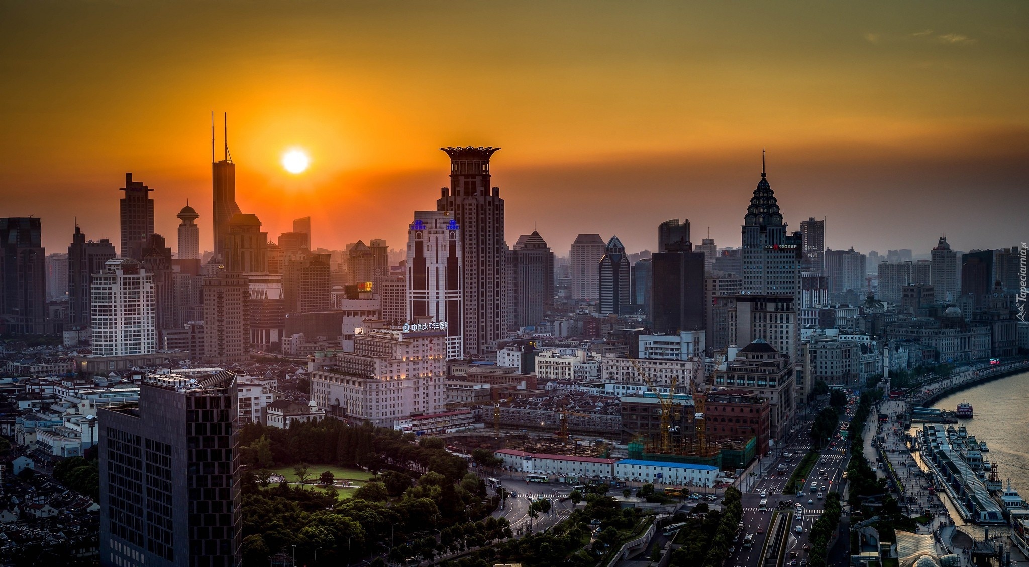 Chiny, Szanghaj, Miasto, Zachód słońca