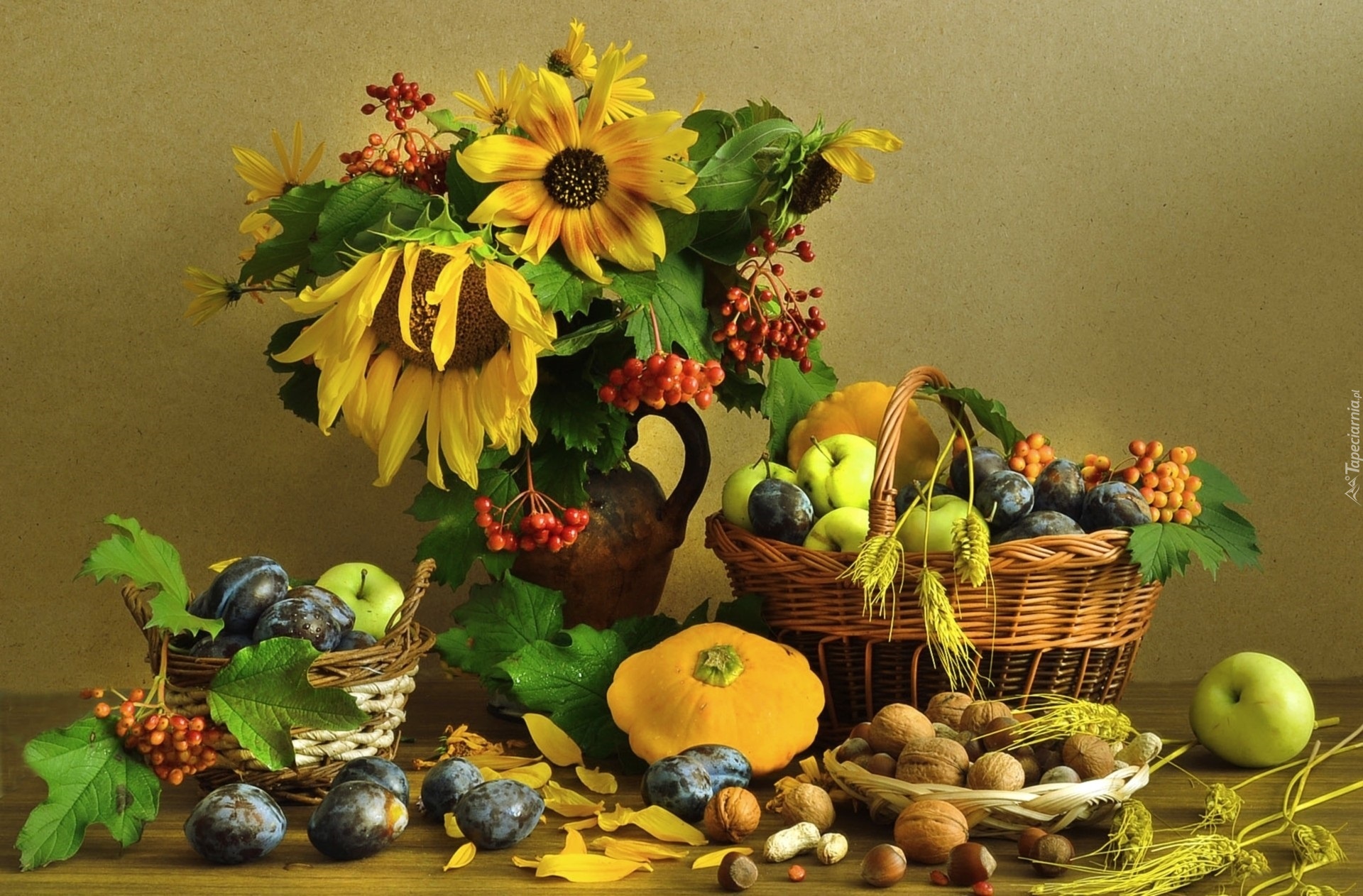 Kwiaty, Bukiet, Sloneczniki, Owoce, Warzywa