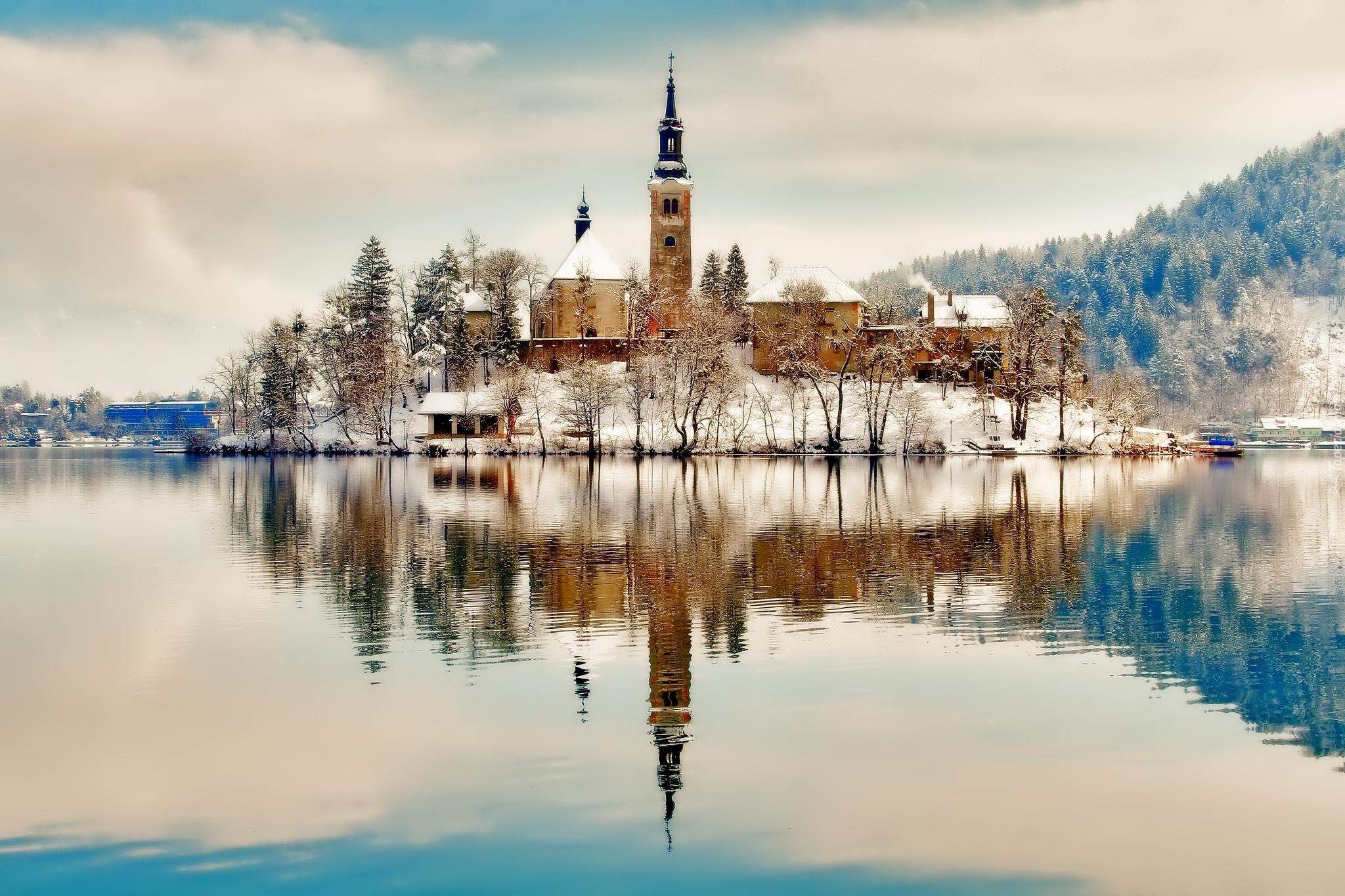 Kościół, Jezioro, Zima