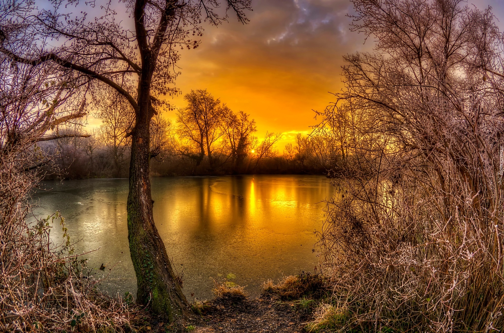 Jezioro, Zachód słońca, Jesień, HDR