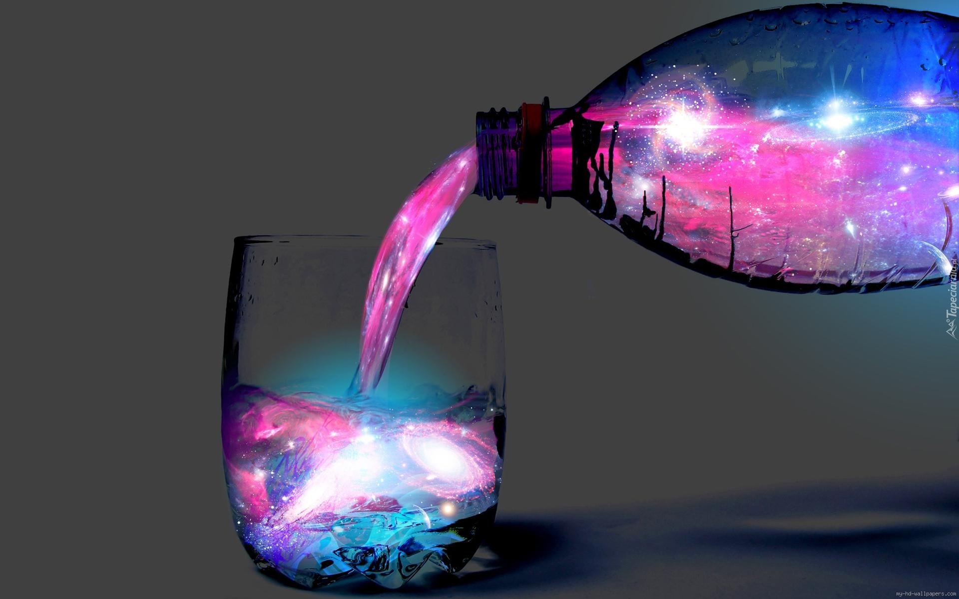 kosmos, mgławica, napój, szklanka, butelka
