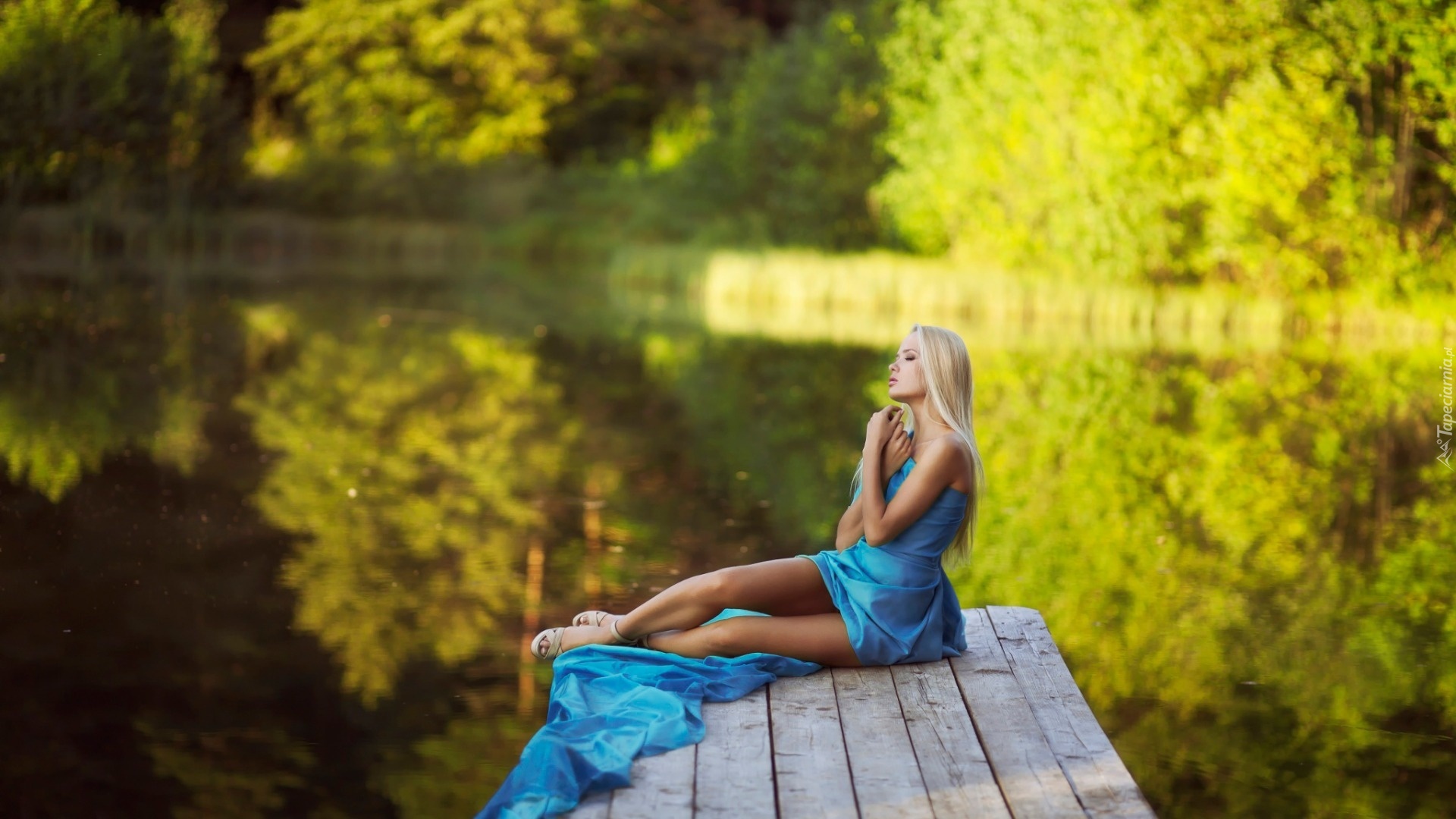 Jezioro, Pomost, Kobieta, Niebieska, Sukienka