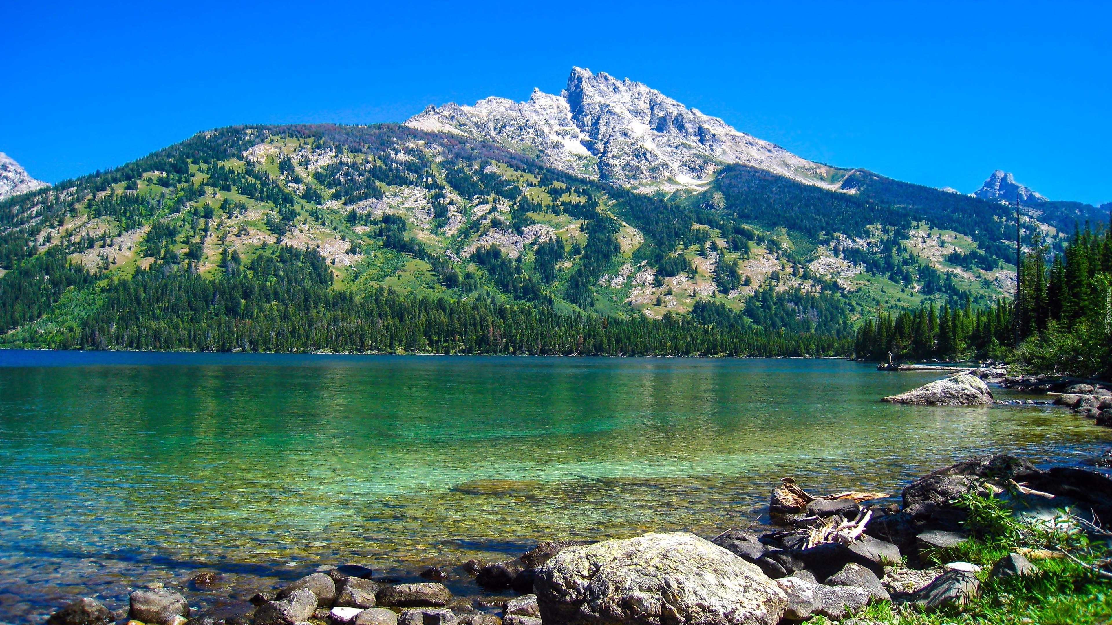 Stany Zjednoczone, Stan Wyoming, Park Narodowy Grand Teton, Góry Teewinot Mountain, Jezioro Jenny Lake, Kamienie
