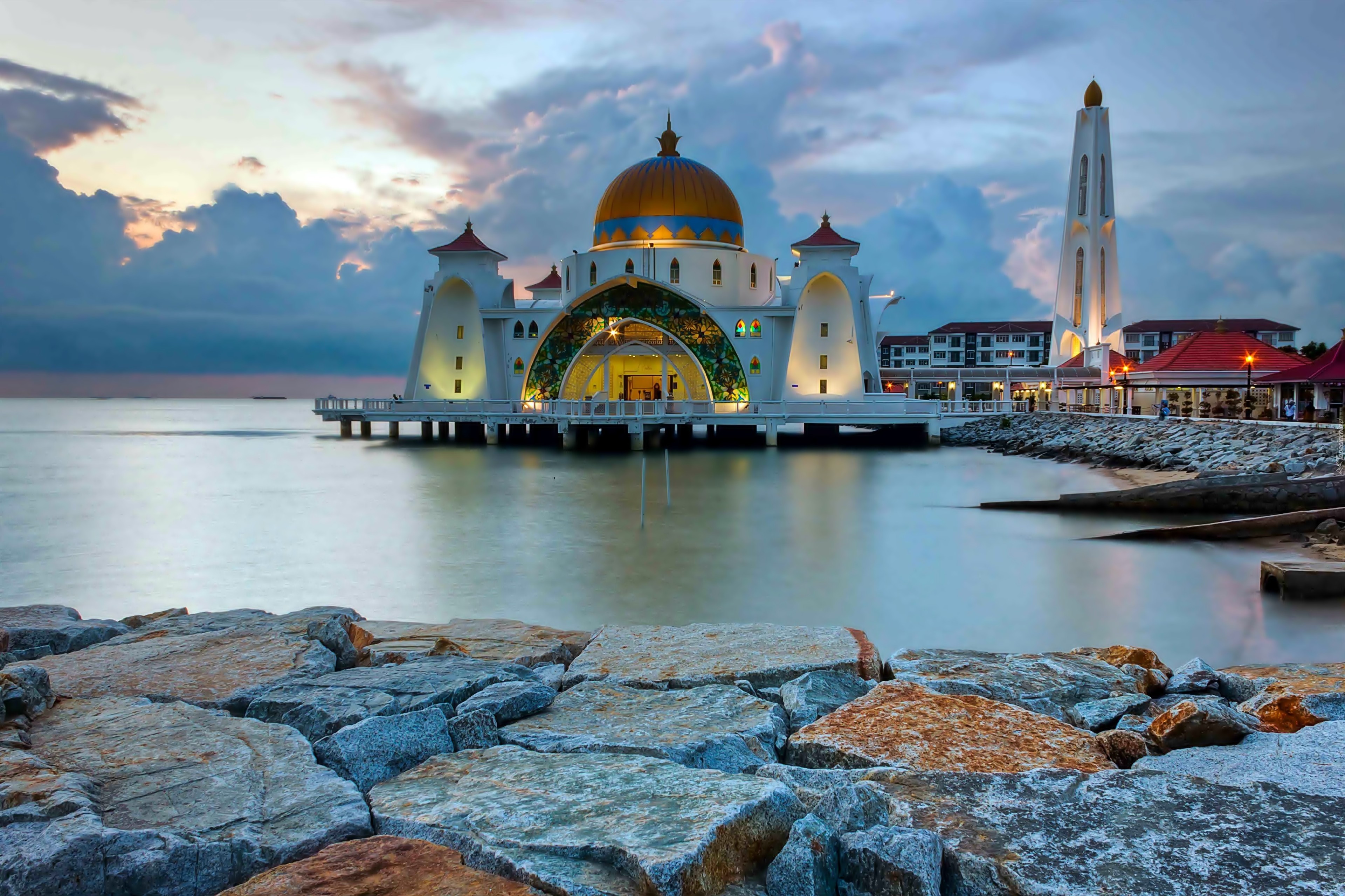 Morze, Meczet, Skały, Malezja