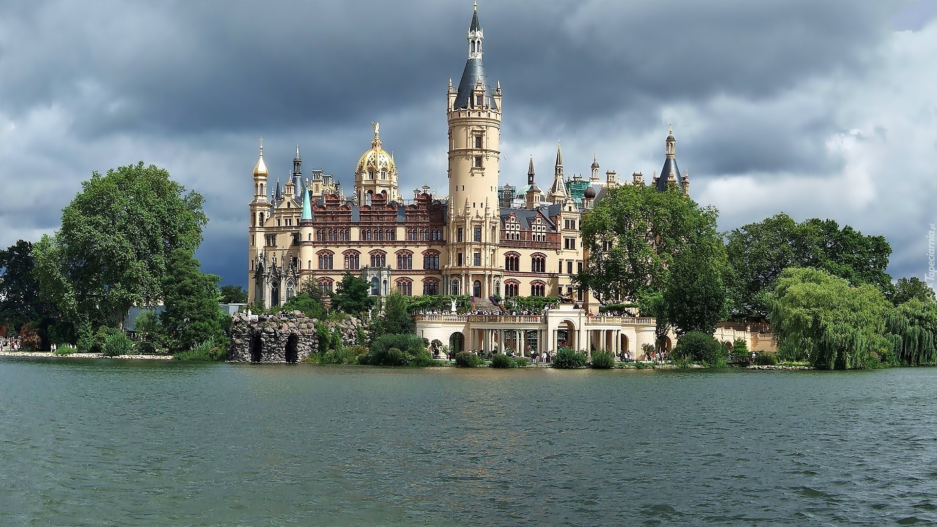 Zamek, Schwerin, Park, Jezioro, Chmury