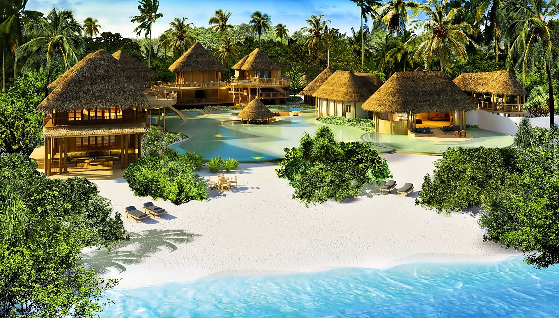 Morze, Plaża, Kompleks, Hotelowy, Malediwy