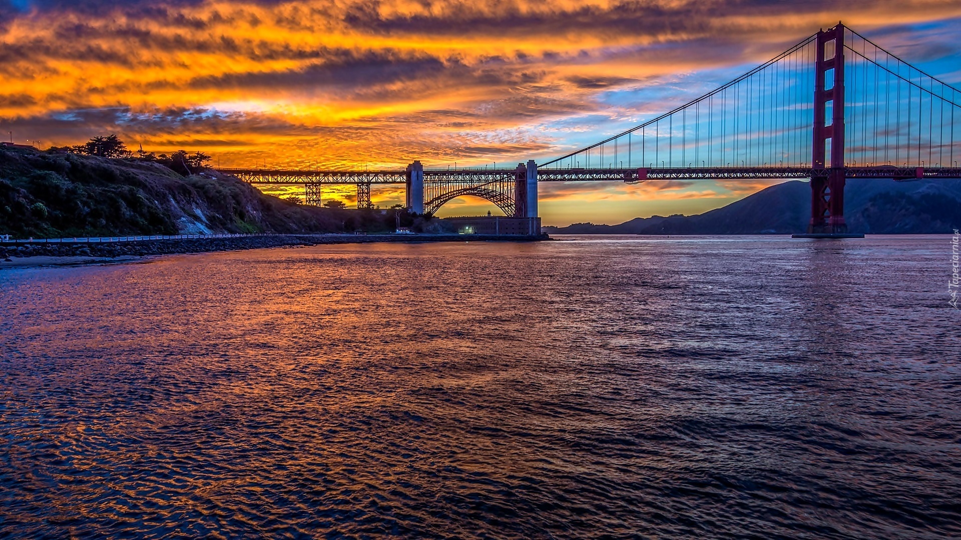 Most, Golden Gate, Zachód Słońca, San Francisco, Rzeka