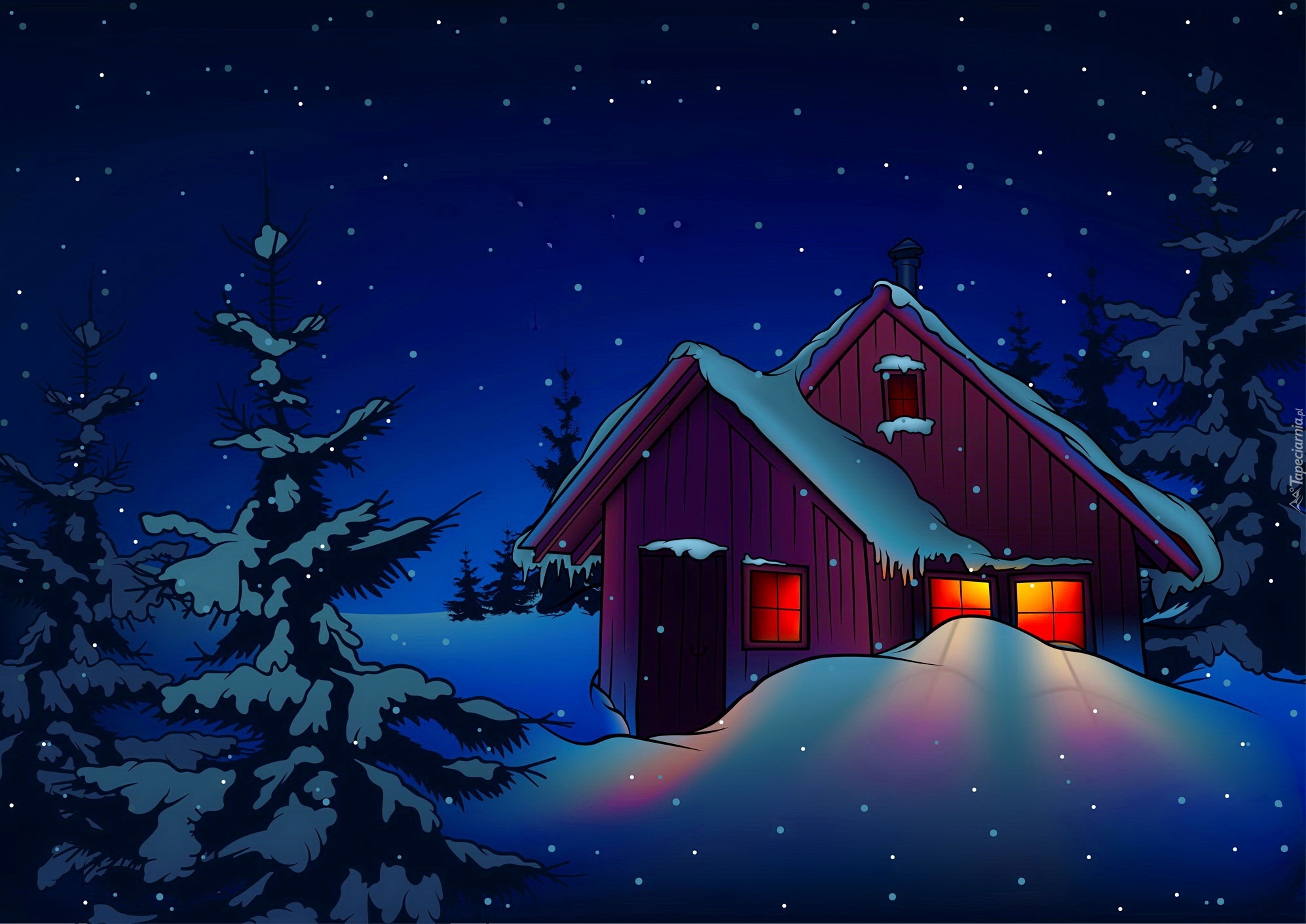 Zima, Śnieg, Oświetlony, Dom, Drzewo, Dla dzieci
