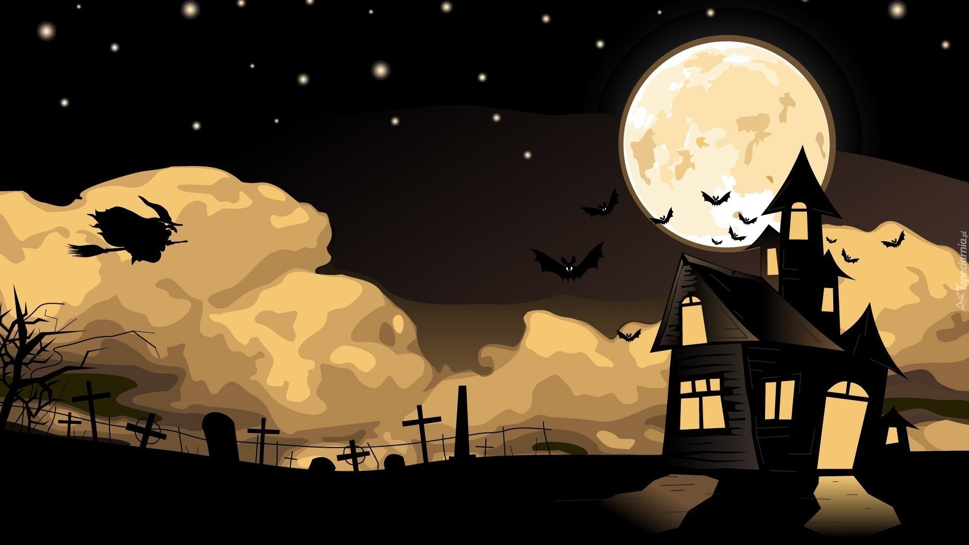 Halloween, Dom, Księżyc, Czarownica, Cmentarz, Noc