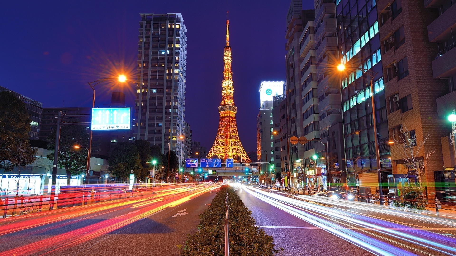 Japonia, Tokio, Tower, Wieża, Drapacze Chmur, Ulica, Noc