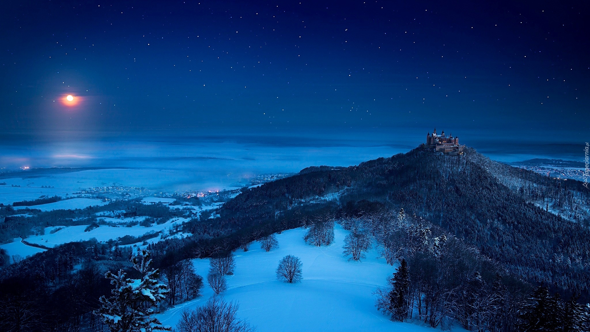 Góry, Zima, Noc, Zamek, Hohenzollern