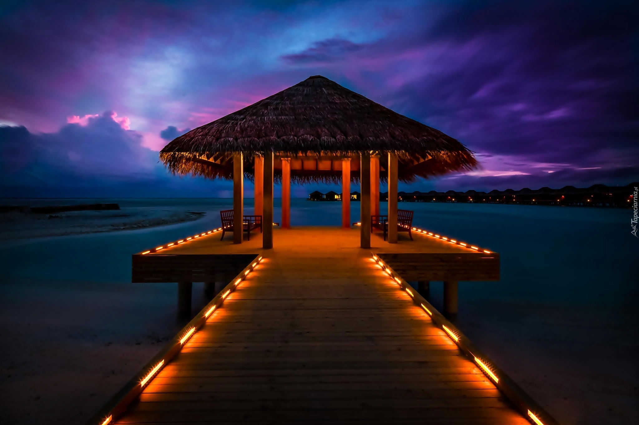 Malediwy, Oświetlony, Domek, Pomost, Morze, Zachód, Słońca