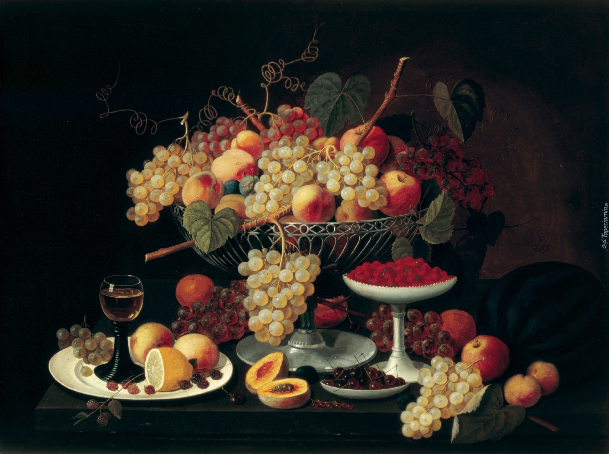 Obraz olejny, Owoce, Winogrona, Jabłka, Pomarańcze