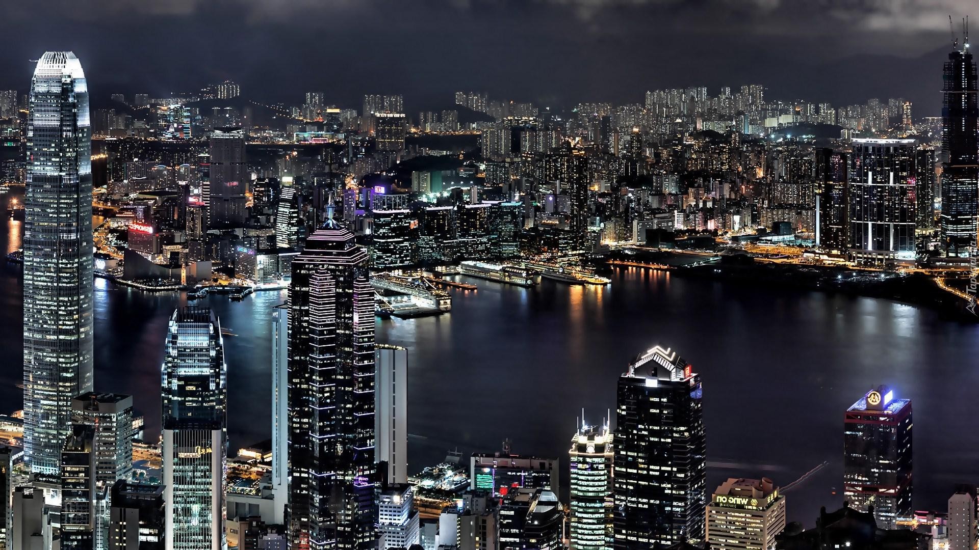 Miasto, Hong Kong, Noc, Światła, Budynki