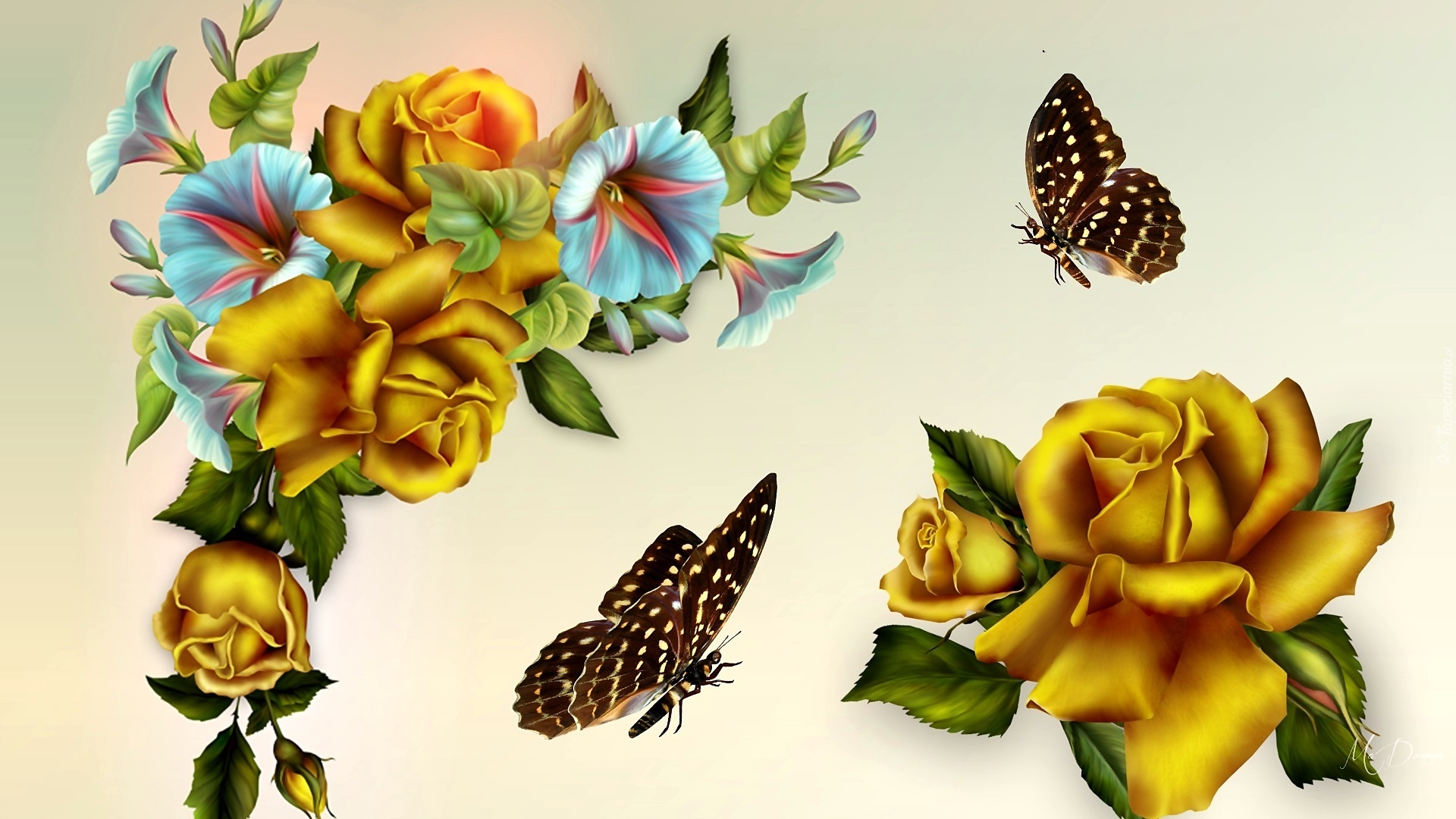 Róże, Kwiaty, Motyle, Grafika, Art