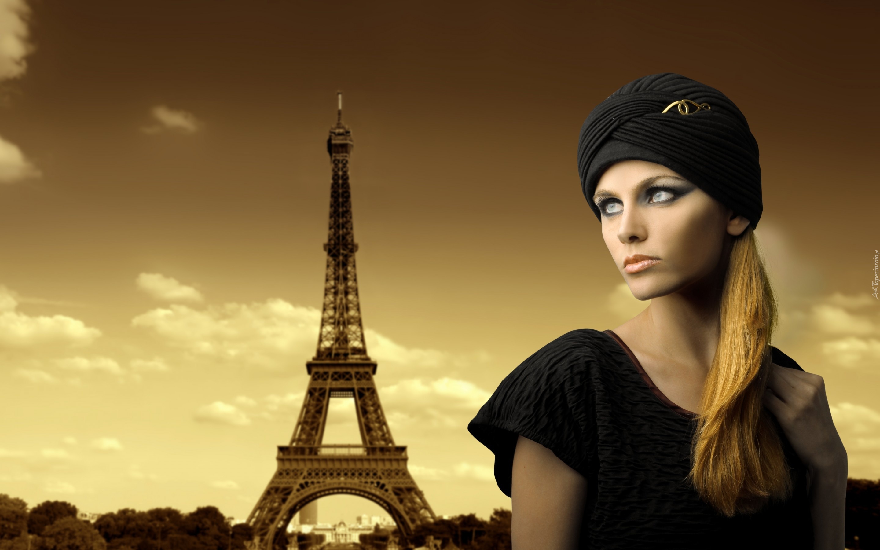 Kobieta, Blondynka, Makijaż, Turban, Paryż, Wieża Eiffla