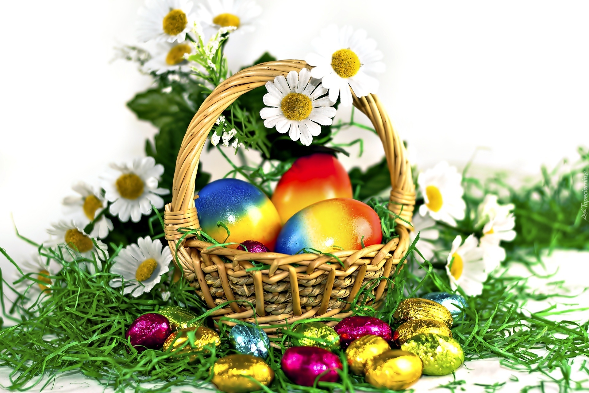 Wielkanoc, Koszyczek, Jajka, Pisanki, Kwiaty, Zieleń