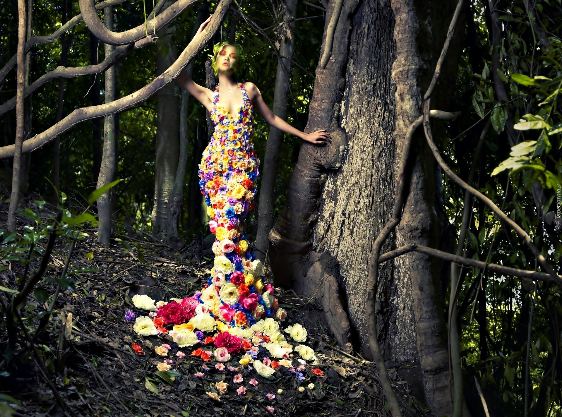 Kobieta, Suknia, Kwiaty, Las, Drzewa
