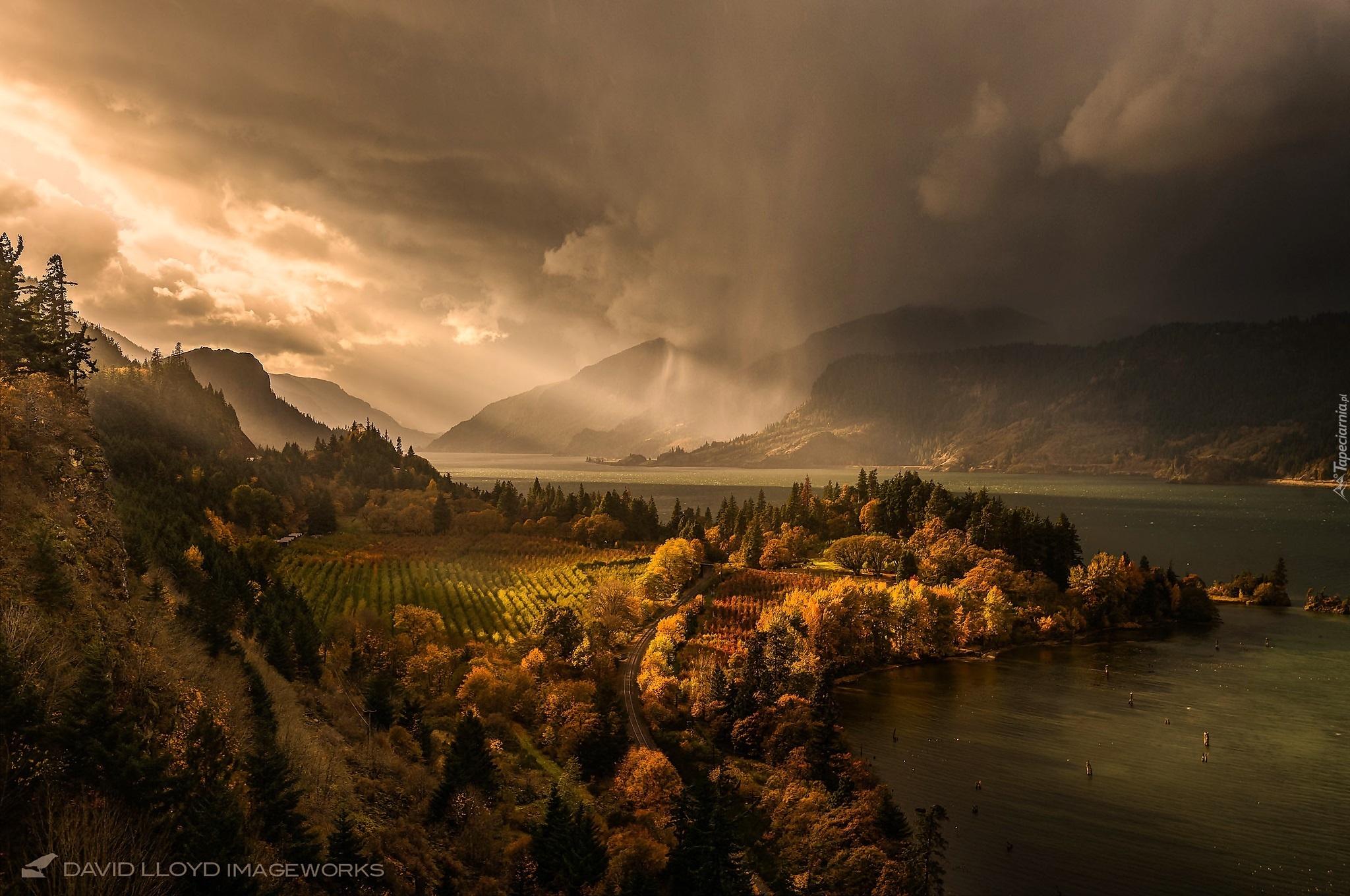 Rzeka, Góry, Chmury, Deszcz, Oregon, USA