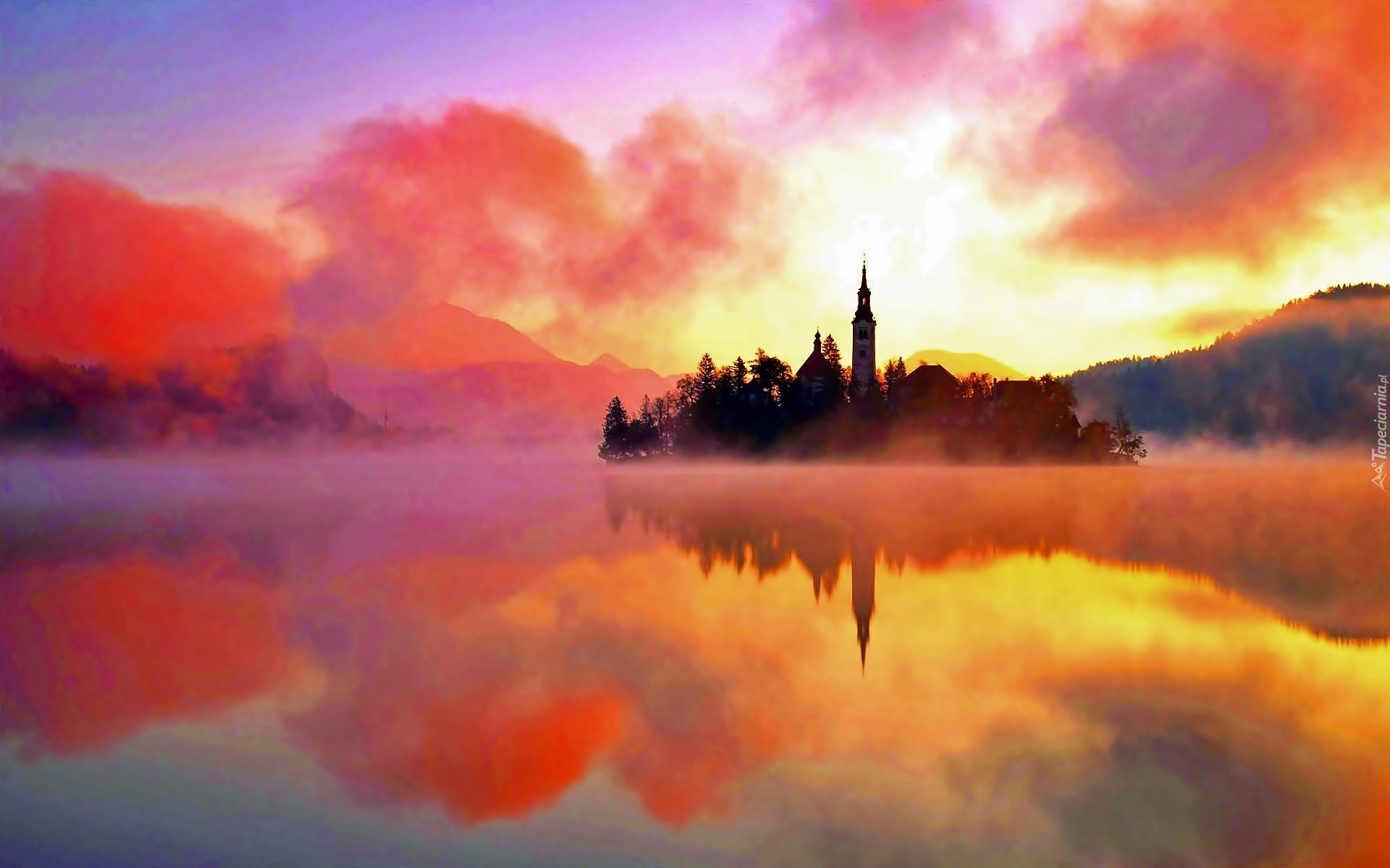Jezioro, Bled, Wyspa, Kościół, Zachód, Słońca, Chmury, Mgła
