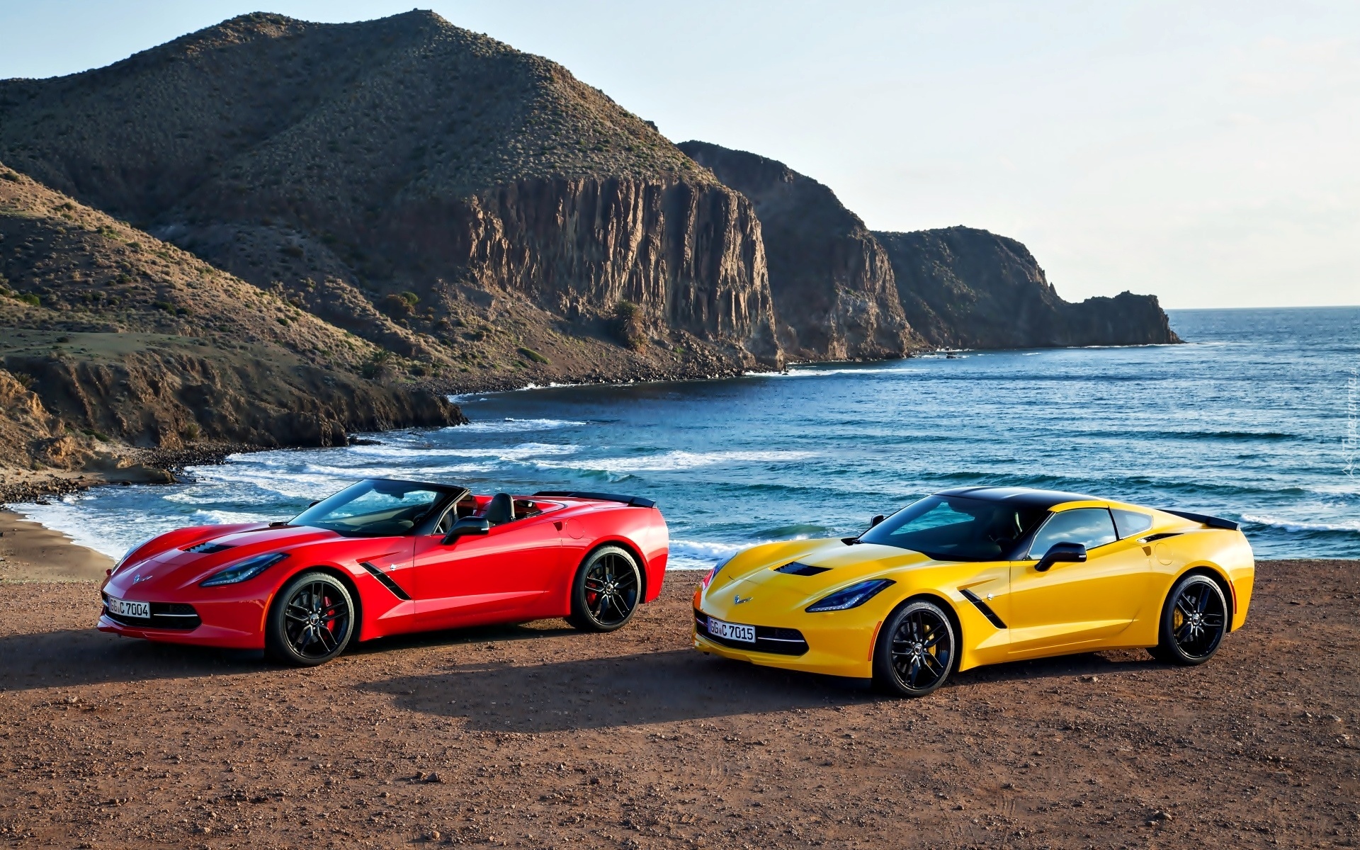 Góry, Morze, żółty, Czerwony, Samochód, Corvette, C7