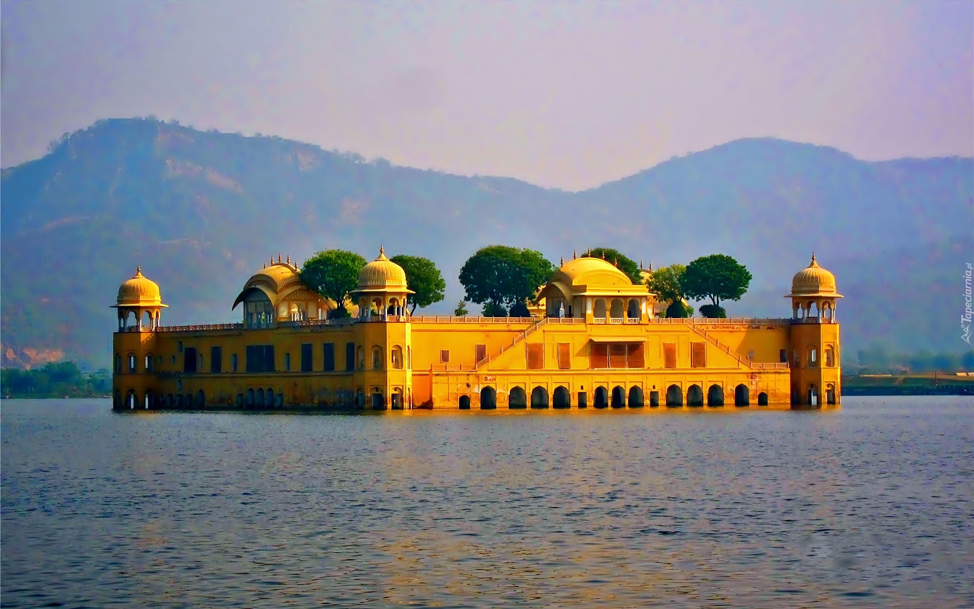 Wschód Słońca, Góry, Jezioro, Pałac, Jal Mahal, Jaipur