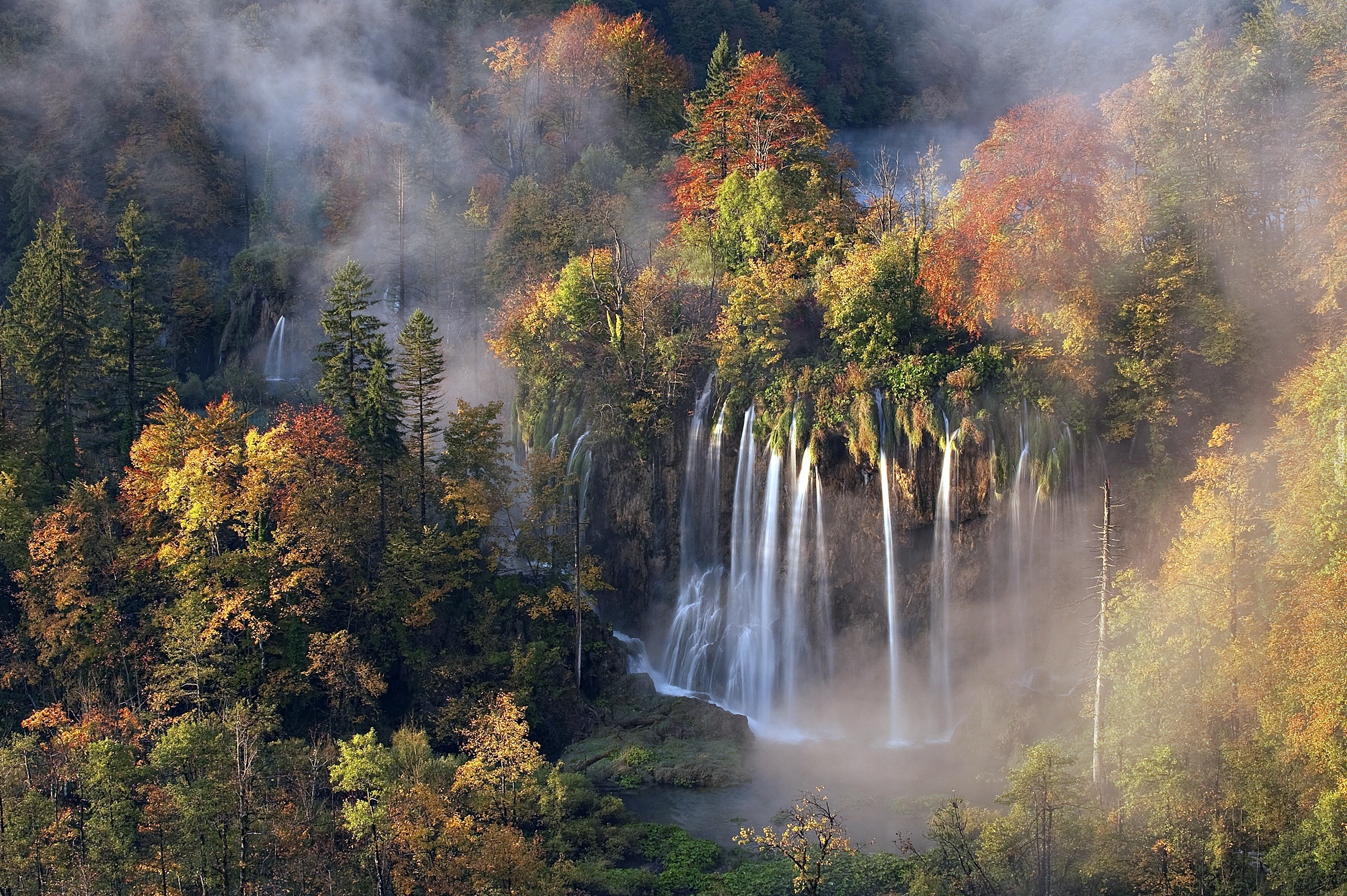 Jesień, Las, Mgła, Wodospad