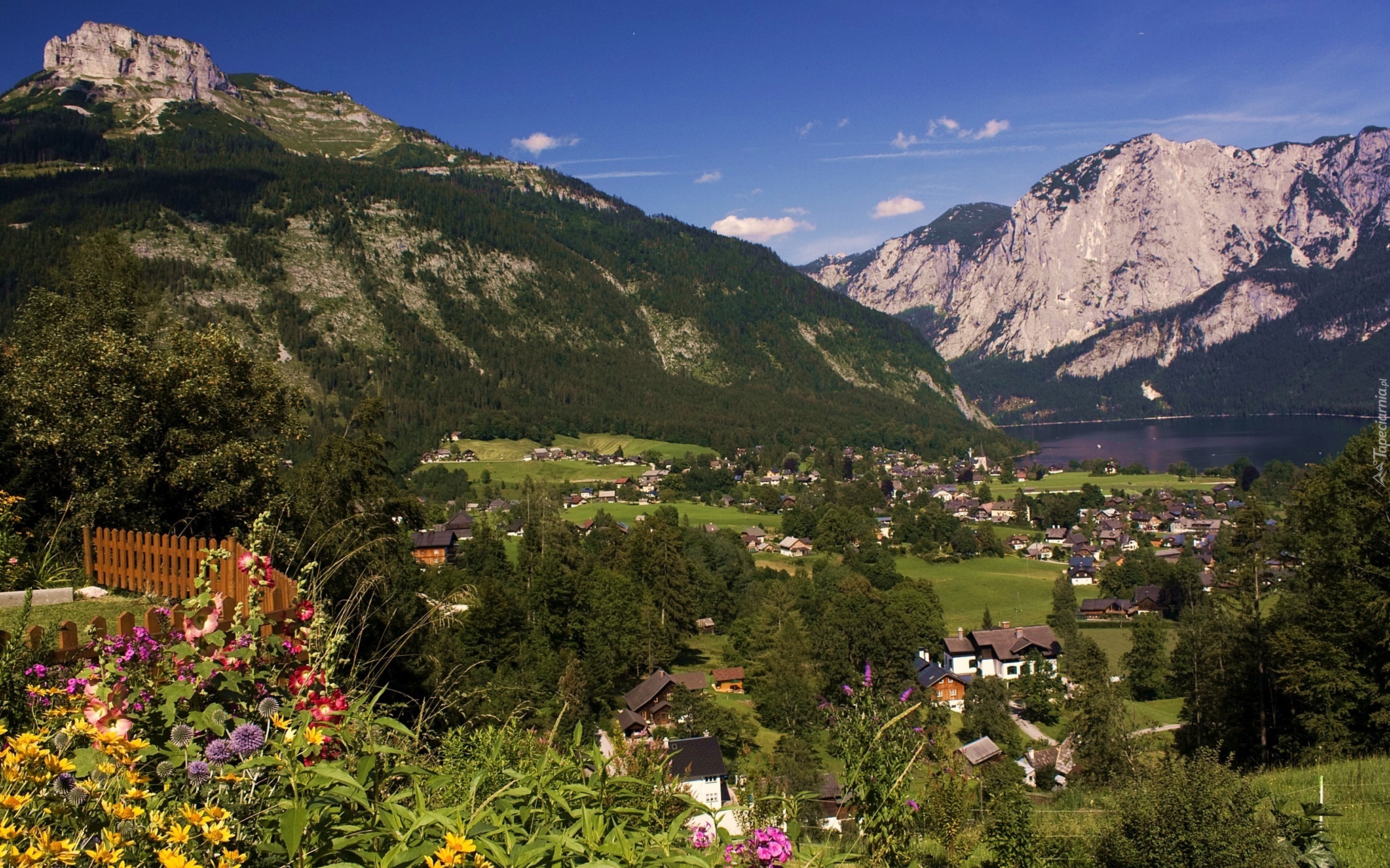Góry, Jezioro, Domy, Austria, Wieś