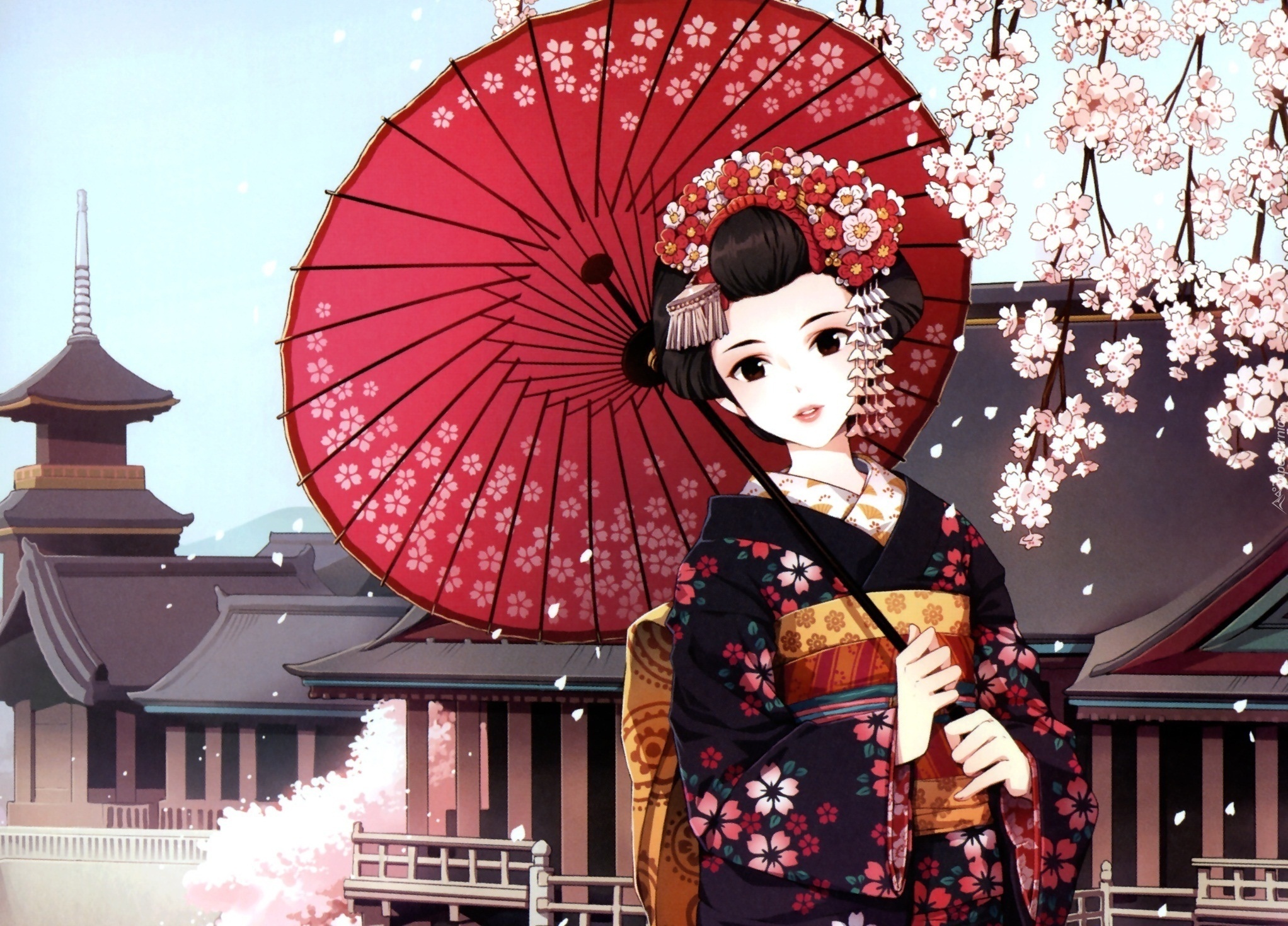 Kobieta, Gejsza, Kimono, Parasol, Japonia, Manga, Anime