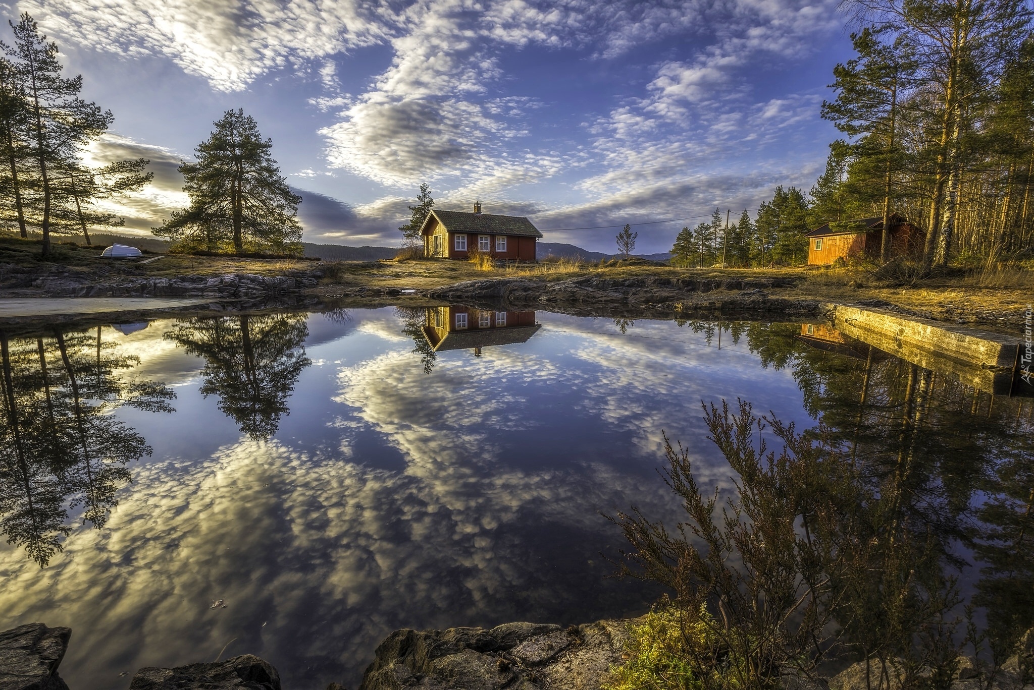 Ringerike, Norwegia, Jezioro, Dom, Chmury, Drzewa, Odbicie